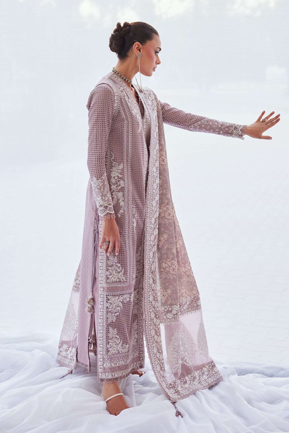 Saad Bin Shahzad Minha – lavender shifli embroidered lawn open shirt with culottes from Depalpur – view 3