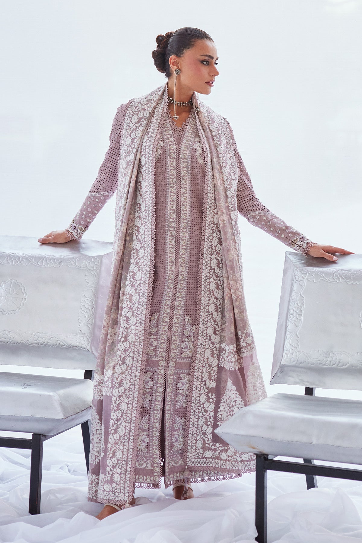 Saad Bin Shahzad Minha – lavender shifli embroidered lawn open shirt with culottes from Depalpur – view 4