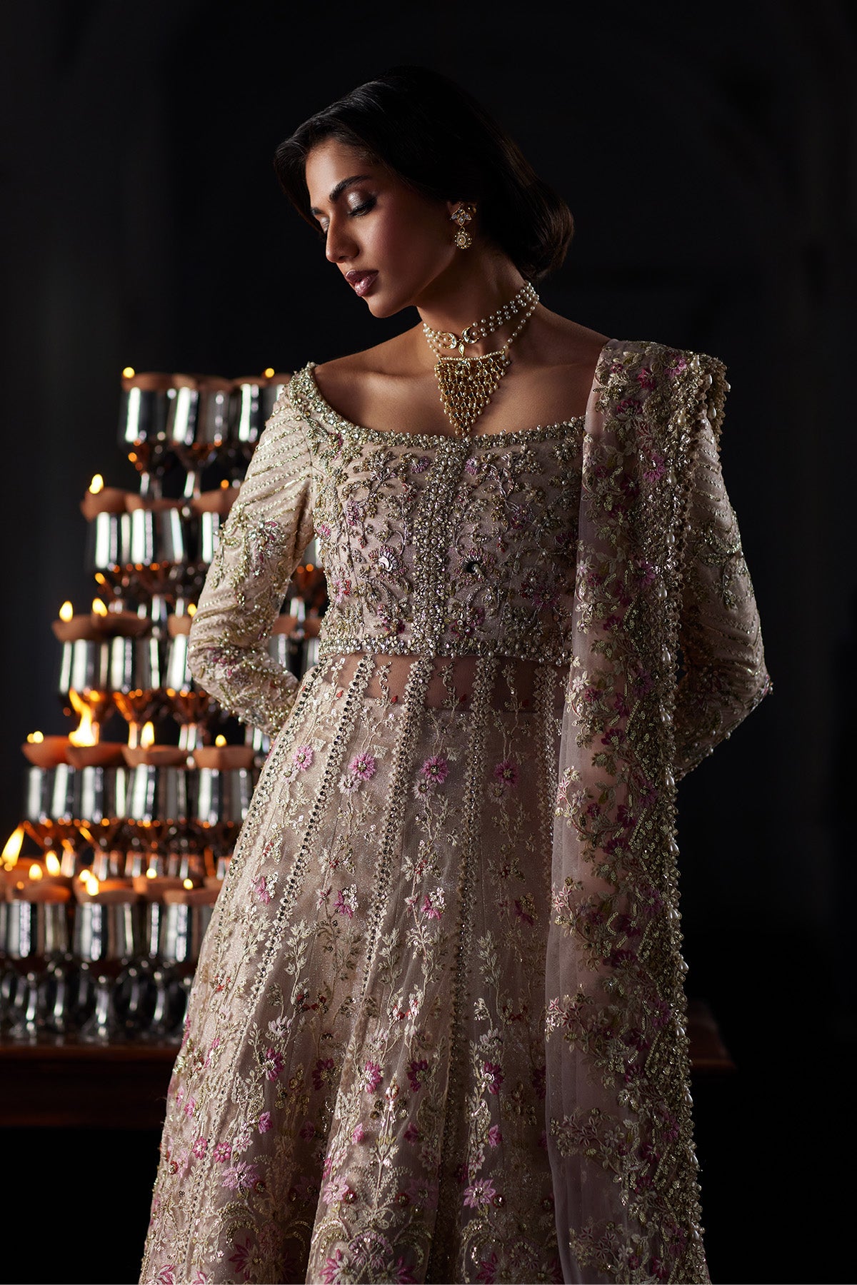 Saad Bin Shahzad Rina – nude pink embroidered net pishwas with jamawar lehenga from El Veneto Luxury Formals – view 9