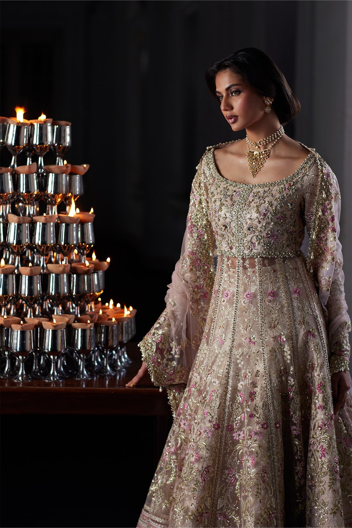 Saad Bin Shahzad Rina – nude pink embroidered net pishwas with jamawar lehenga from El Veneto Luxury Formals – view 4