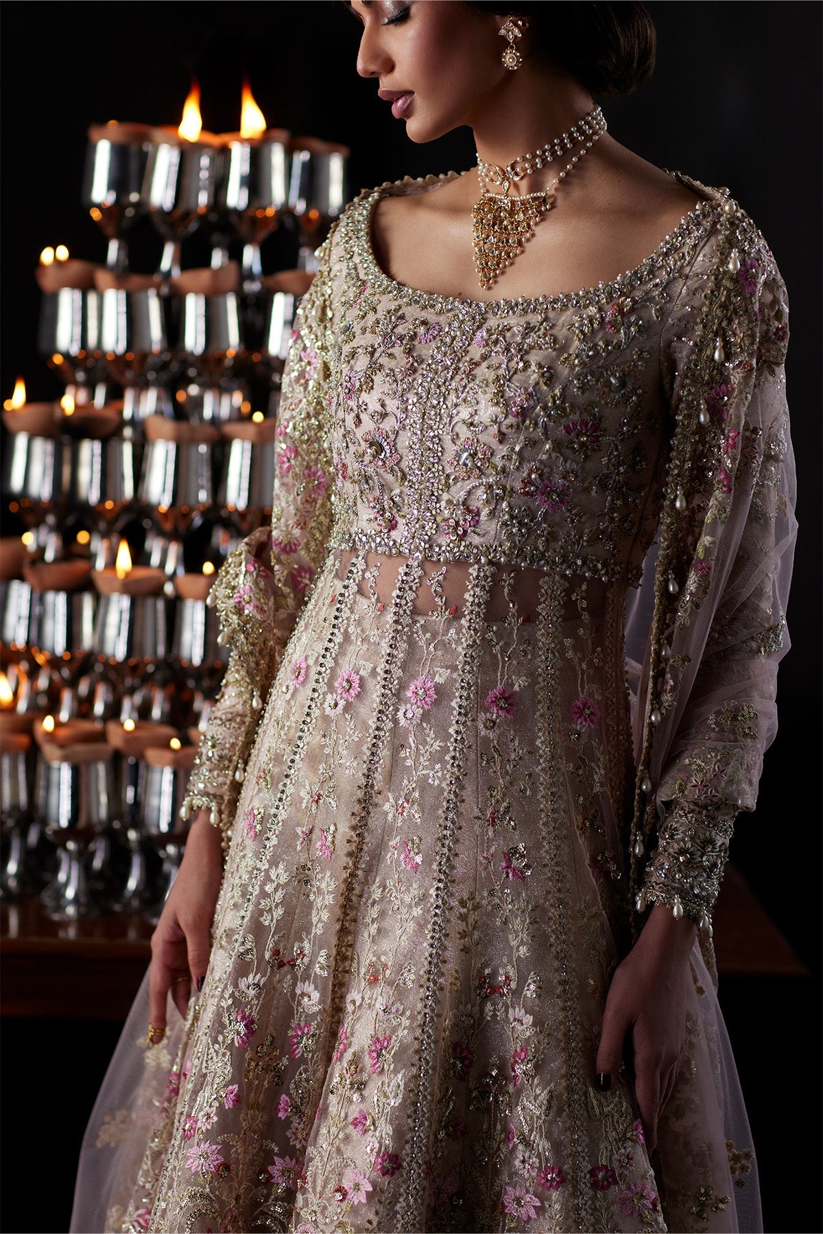 Saad Bin Shahzad Rina – nude pink embroidered net pishwas with jamawar lehenga from El Veneto Luxury Formals – view 6