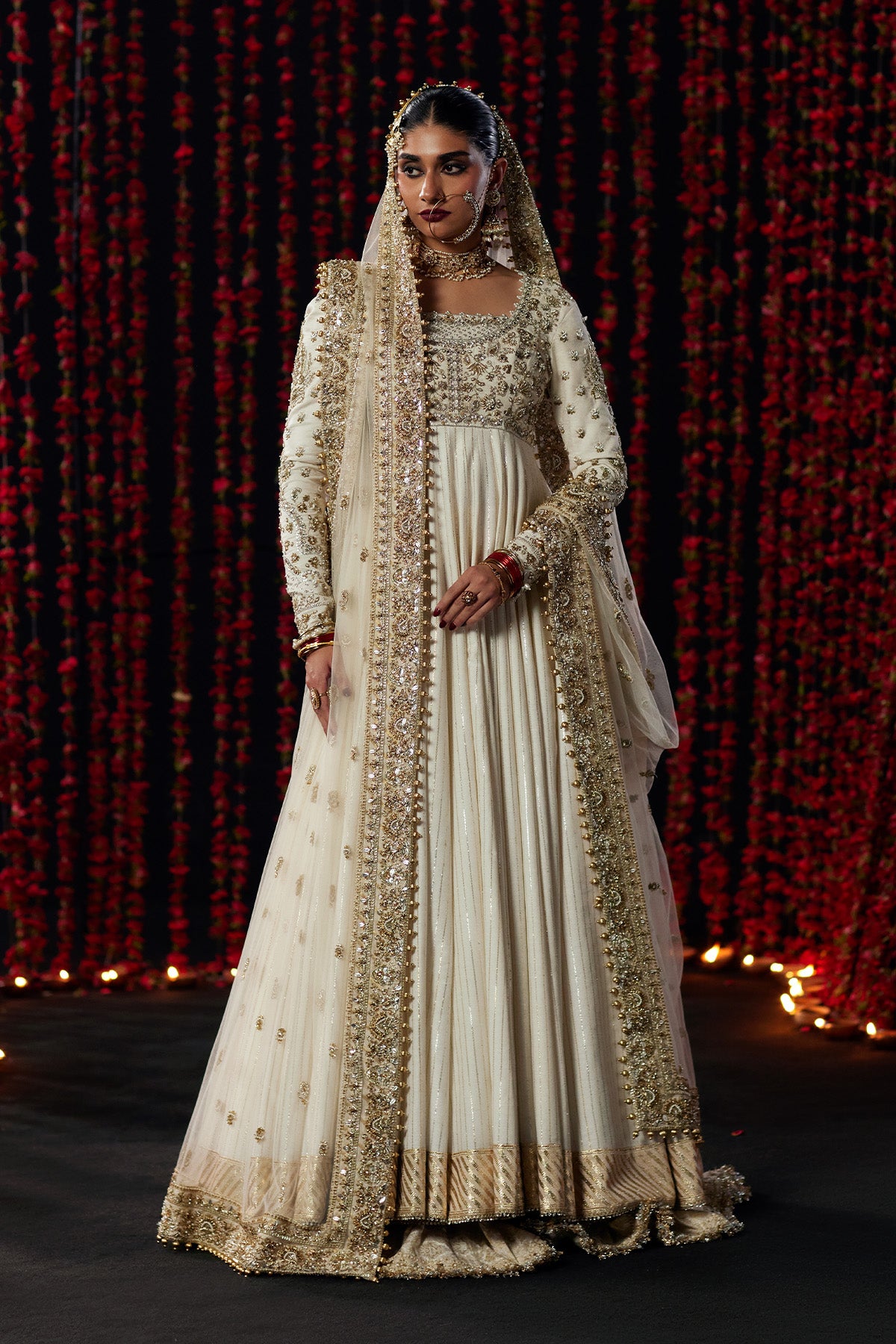 Saad Bin Shahzad Ayda – off-white gold taar bridal pishwas with crimson dupatta from Chandni Bridal'26 – view 5