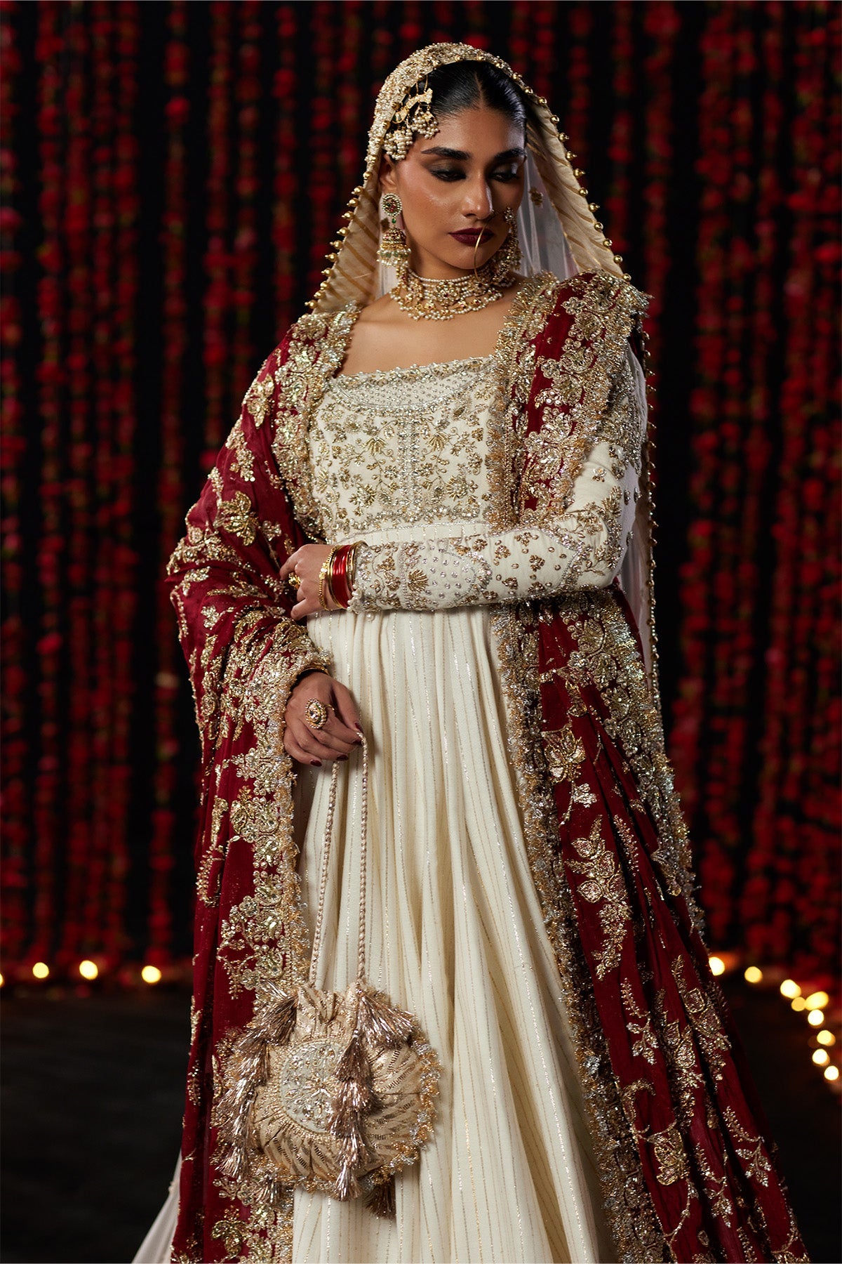 Saad Bin Shahzad Ayda – off-white gold taar bridal pishwas with crimson dupatta from Chandni Bridal'26 – view 2