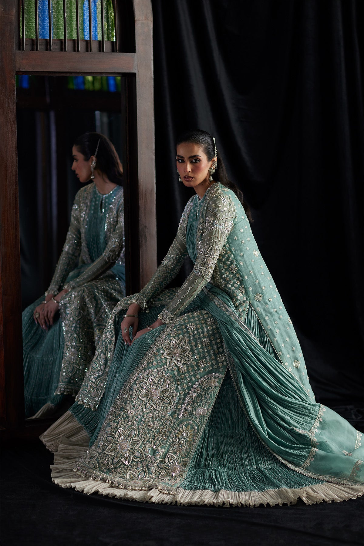 Saad Bin Shahzad Olyra – turquoise embroidered open gown over a crushed inner pishwas from El Veneto Luxury Formals – view 9