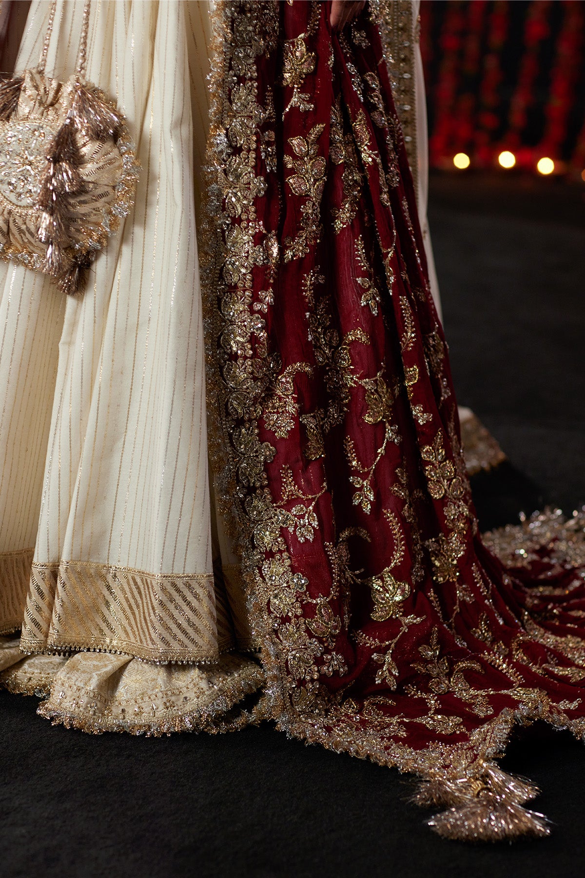 Saad Bin Shahzad Ayda – off-white gold taar bridal pishwas with crimson dupatta from Chandni Bridal'26 – view 4