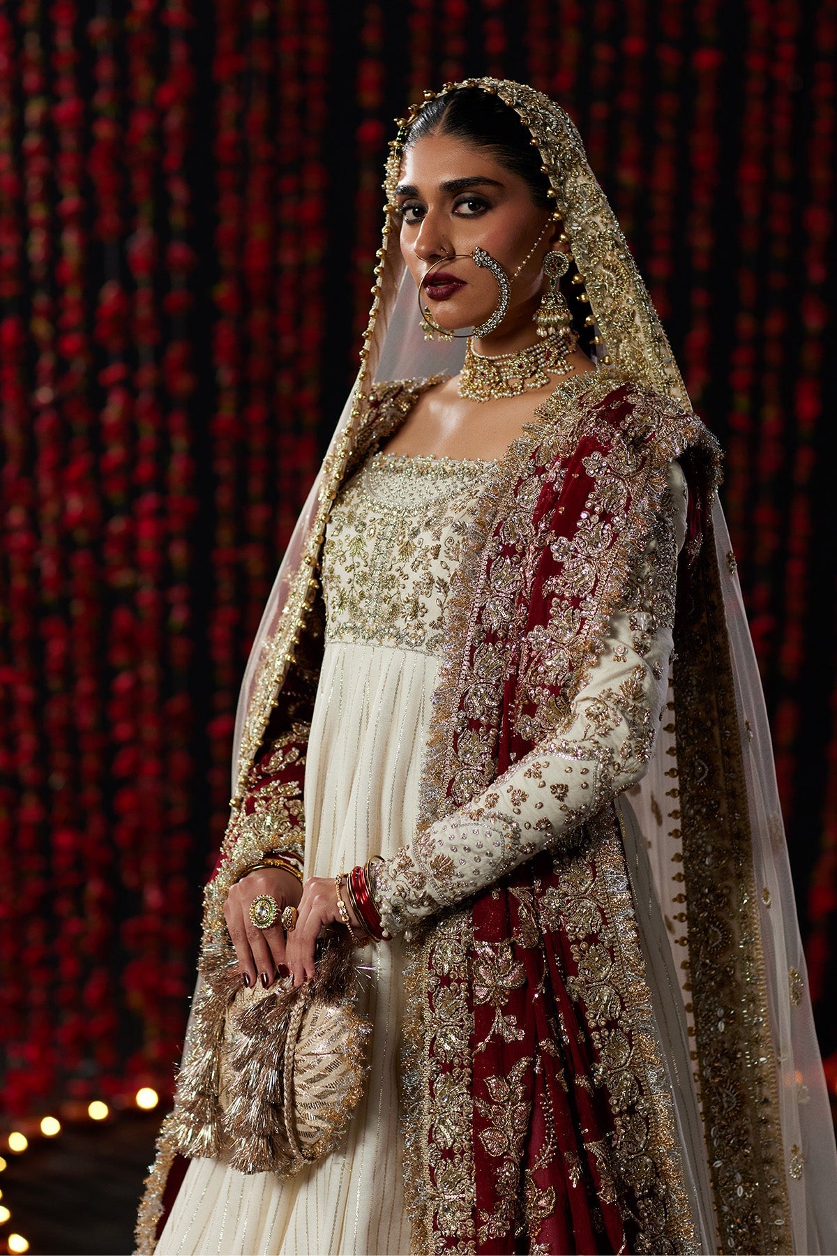 Saad Bin Shahzad Ayda – off-white gold taar bridal pishwas with crimson dupatta from Chandni Bridal'26 – view 7