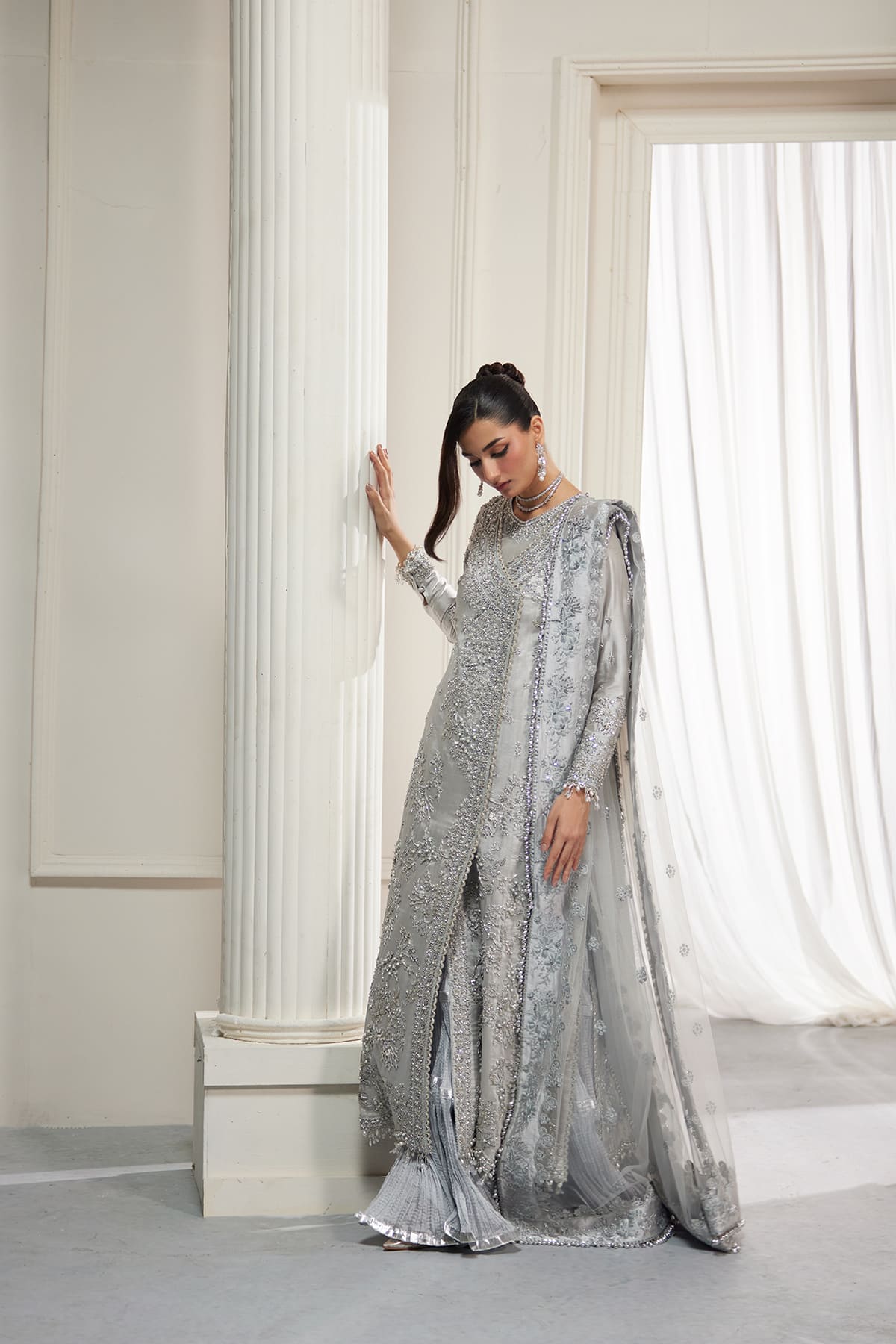 Saad Bin Shahzad Della – silver-grey crystal-embellished sheesha silk angrakha with sharara from Lolita'25 – view 6