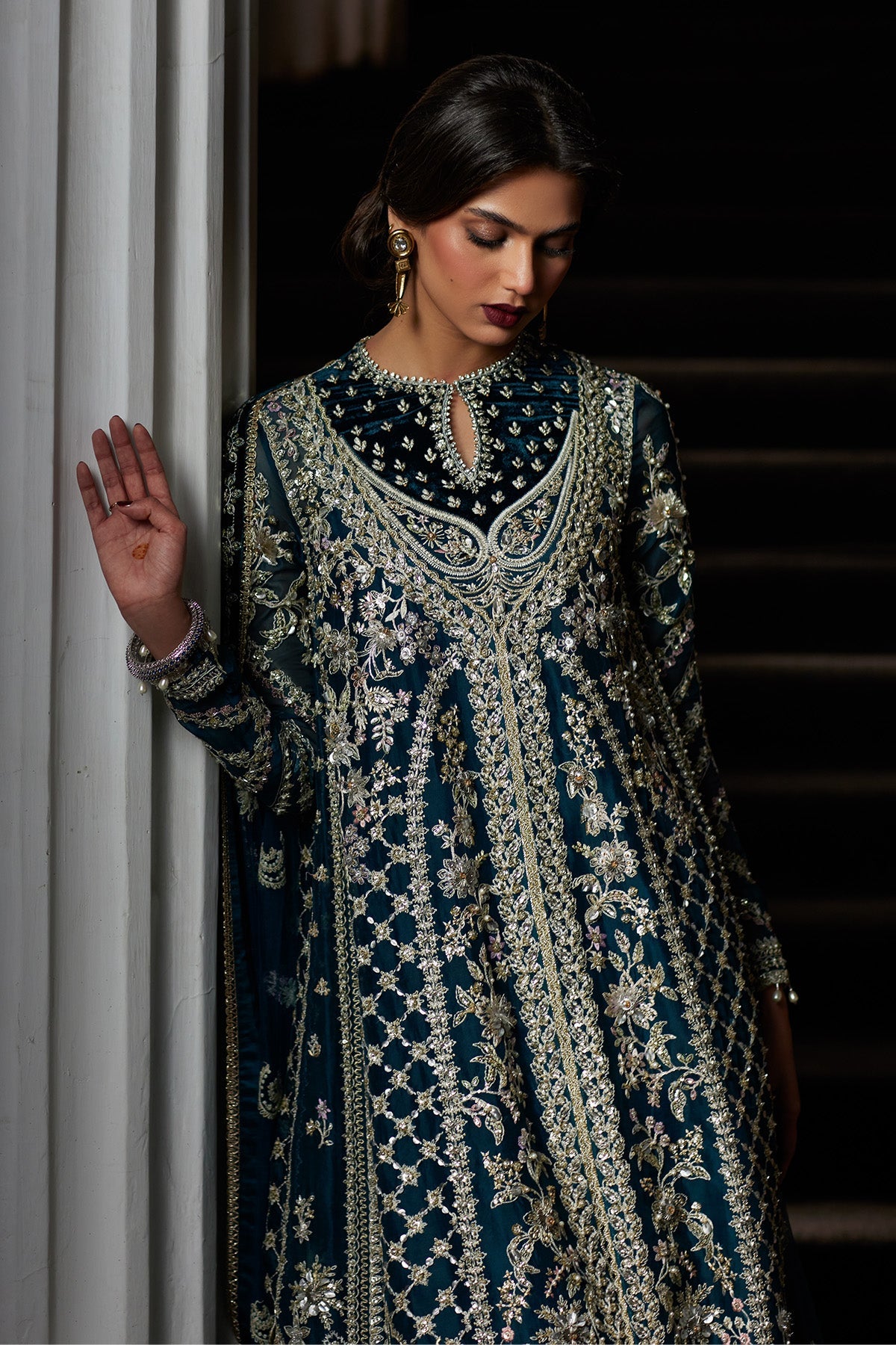 Saad Bin Shahzad Alira – deep teal embroidered gown with velvet borders and sharara from El Veneto Luxury Formals – view 5