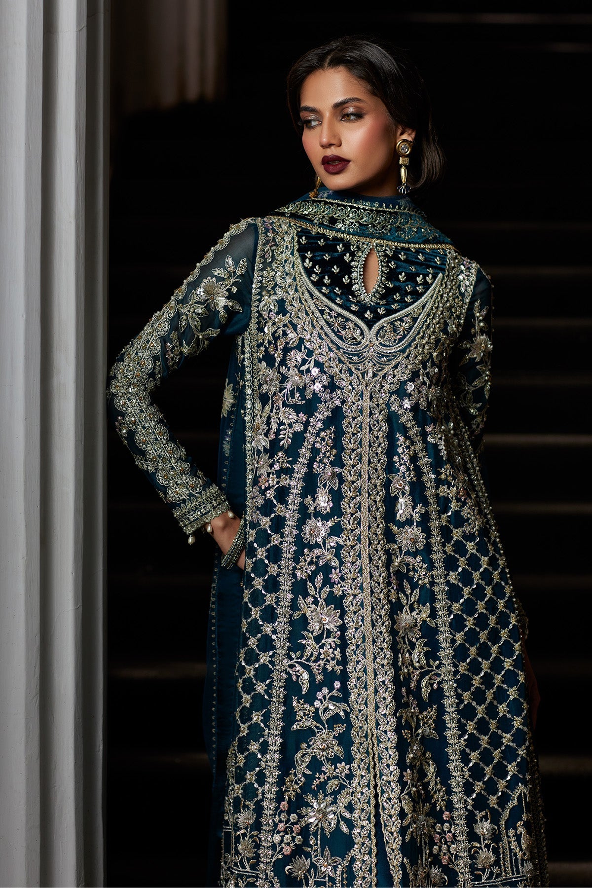 Saad Bin Shahzad Alira – deep teal embroidered gown with velvet borders and sharara from El Veneto Luxury Formals – view 7