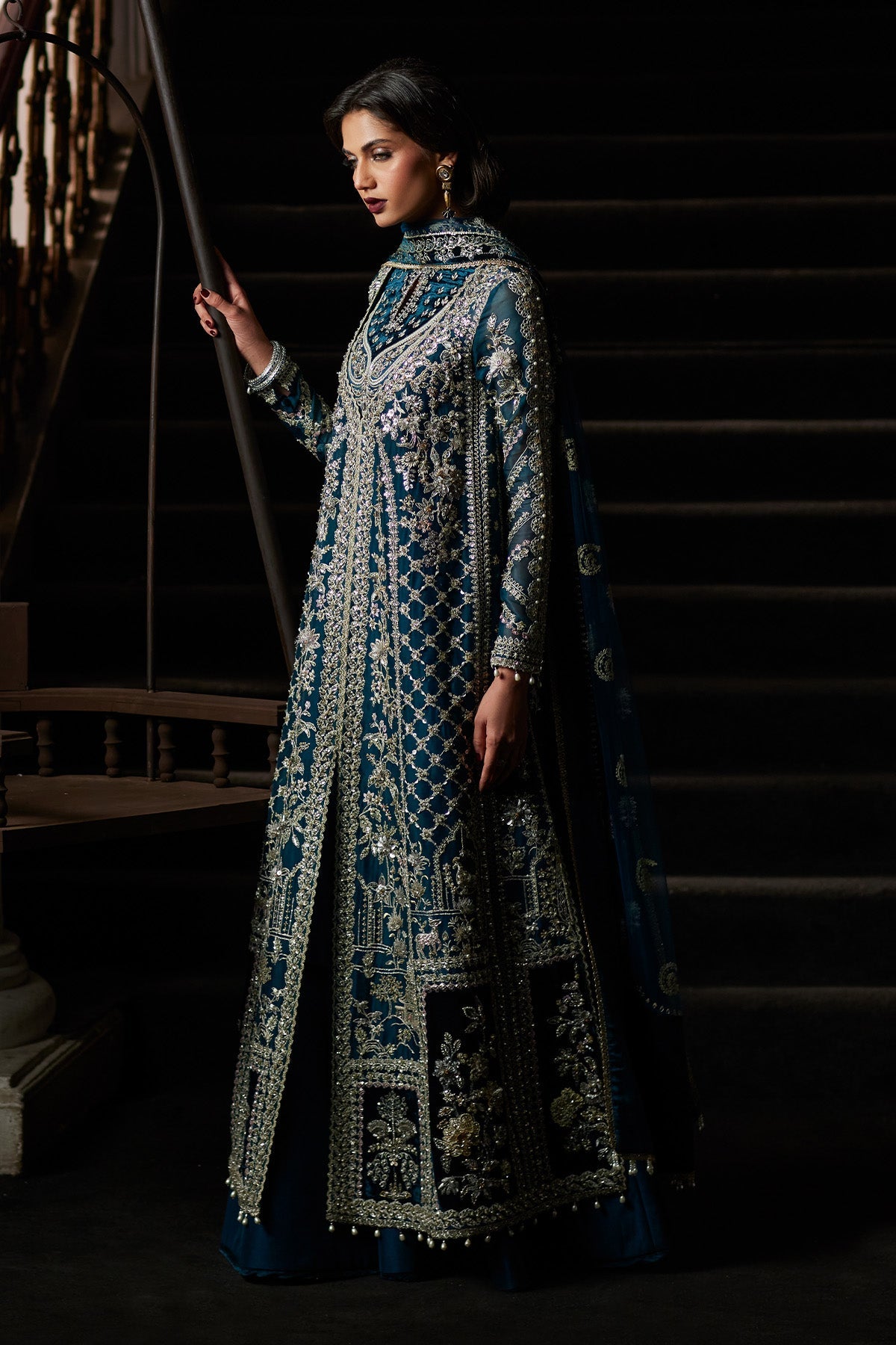 Saad Bin Shahzad Alira – deep teal embroidered gown with velvet borders and sharara from El Veneto Luxury Formals – view 8