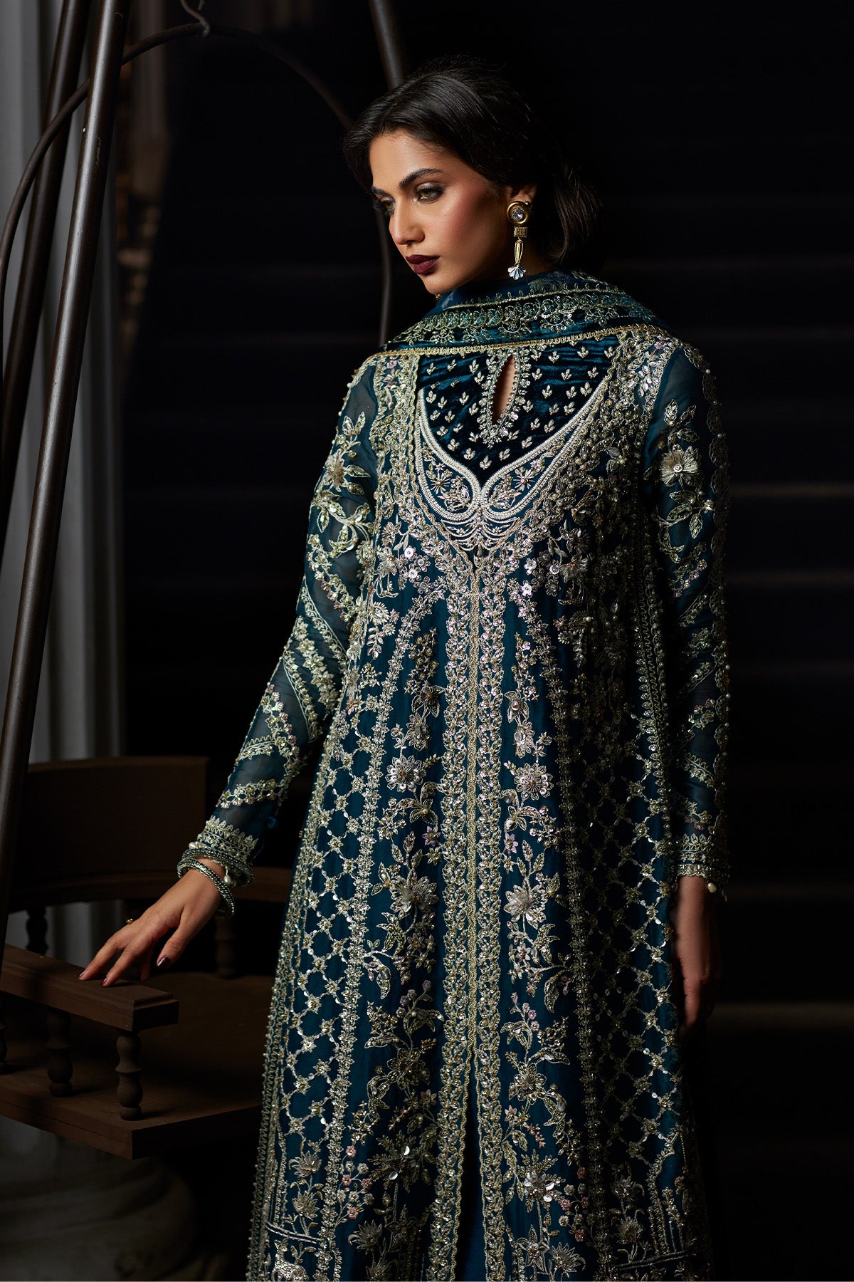 Saad Bin Shahzad Alira – deep teal embroidered gown with velvet borders and sharara from El Veneto Luxury Formals – view 3