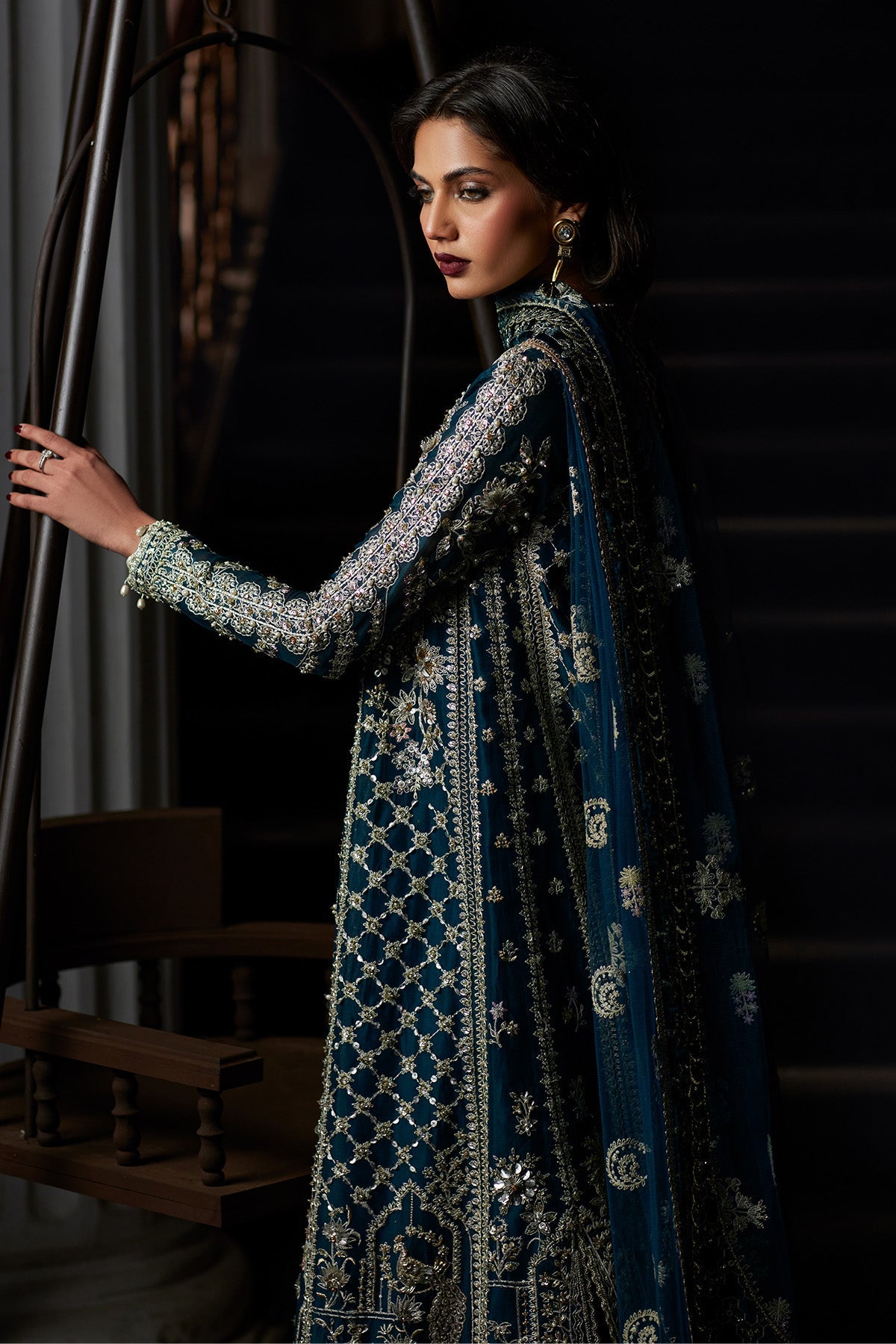 Saad Bin Shahzad Alira – deep teal embroidered gown with velvet borders and sharara from El Veneto Luxury Formals – view 9