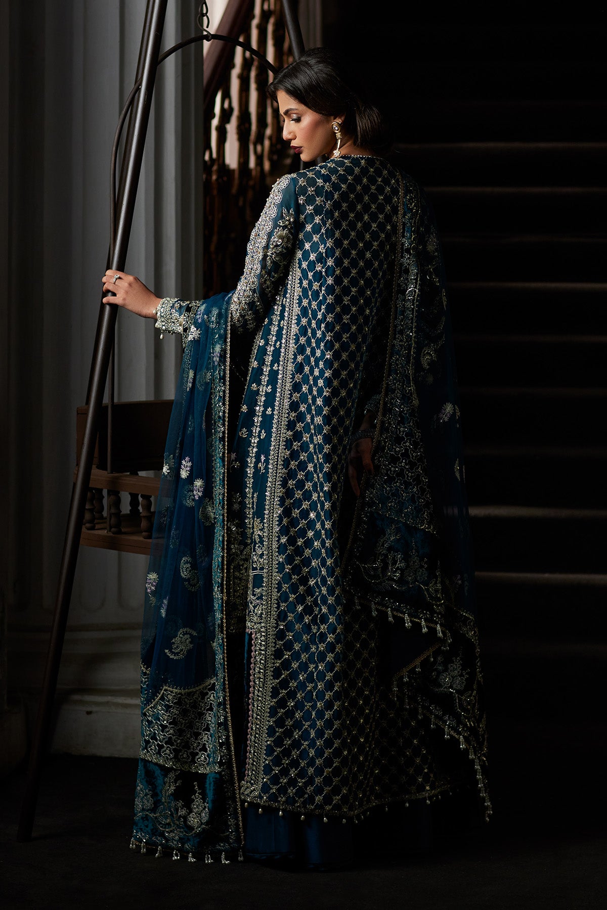 Saad Bin Shahzad Alira – deep teal embroidered gown with velvet borders and sharara from El Veneto Luxury Formals – view 2