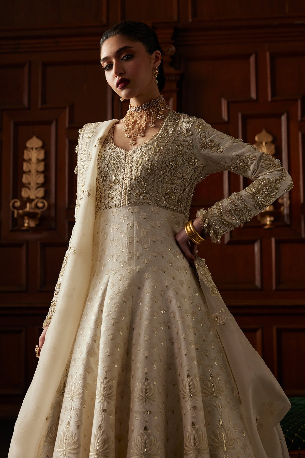 Saad Bin Shahzad Ovia – off-white resham-embroidered raw silk pishwas with lehenga from El Veneto Luxury Formals – view 7