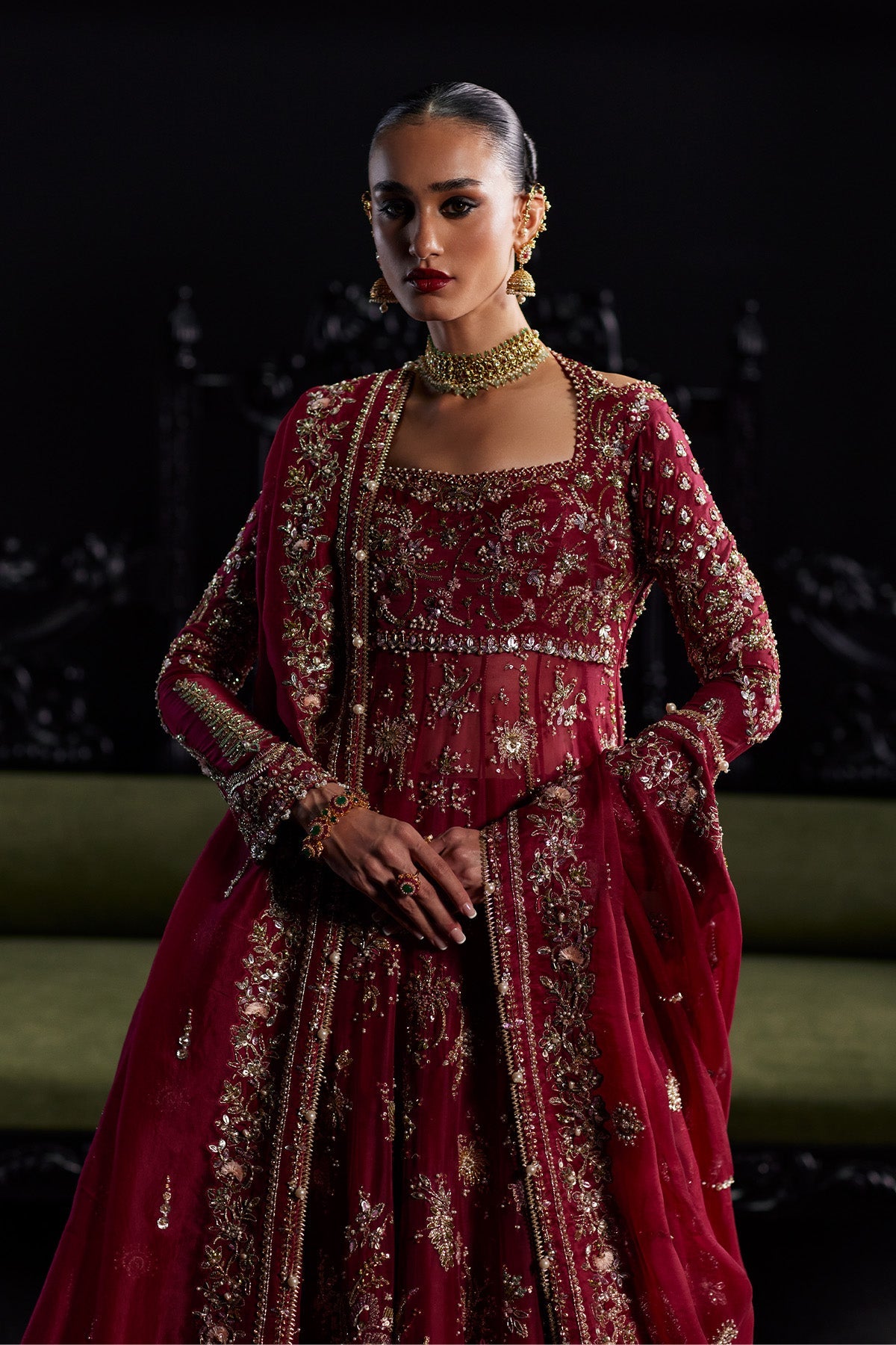 Saad Bin Shahzad Safa – cherry red zardozi bridal pishwas from Chandni Bridal'26 – view 3