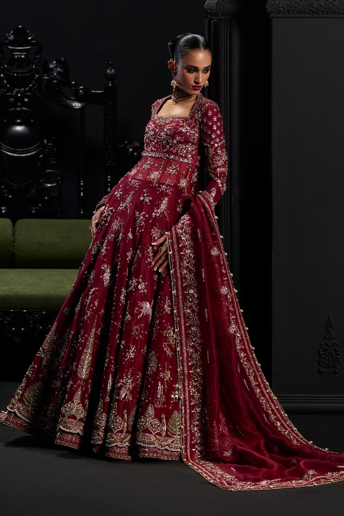 Saad Bin Shahzad Safa – cherry red zardozi bridal pishwas from Chandni Bridal'26 – view 7