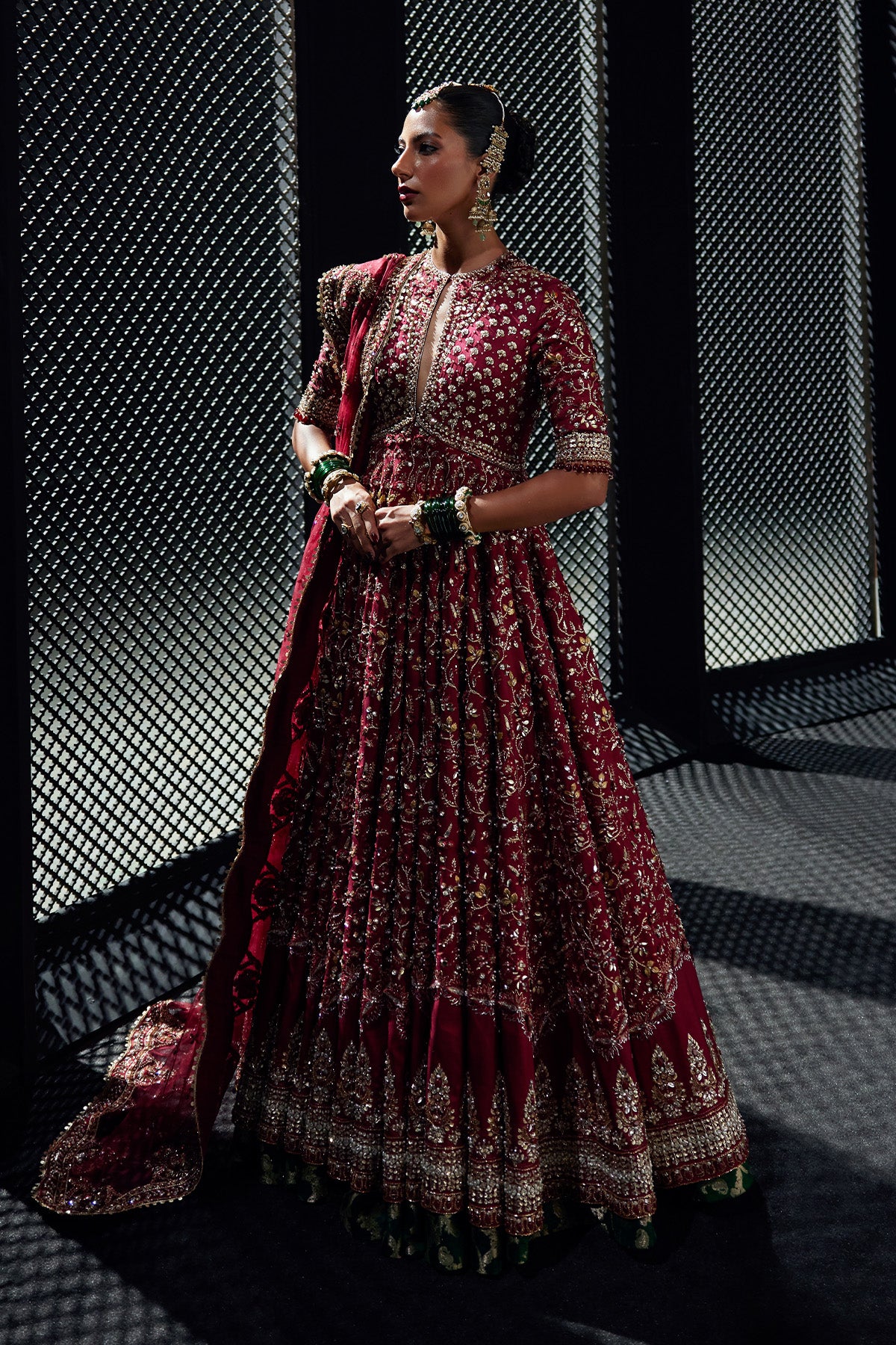 Saad Bin Shahzad Lamia – crimson embroidered pishwas with bottle green jamawar lehenga from Chandni Bridal'26