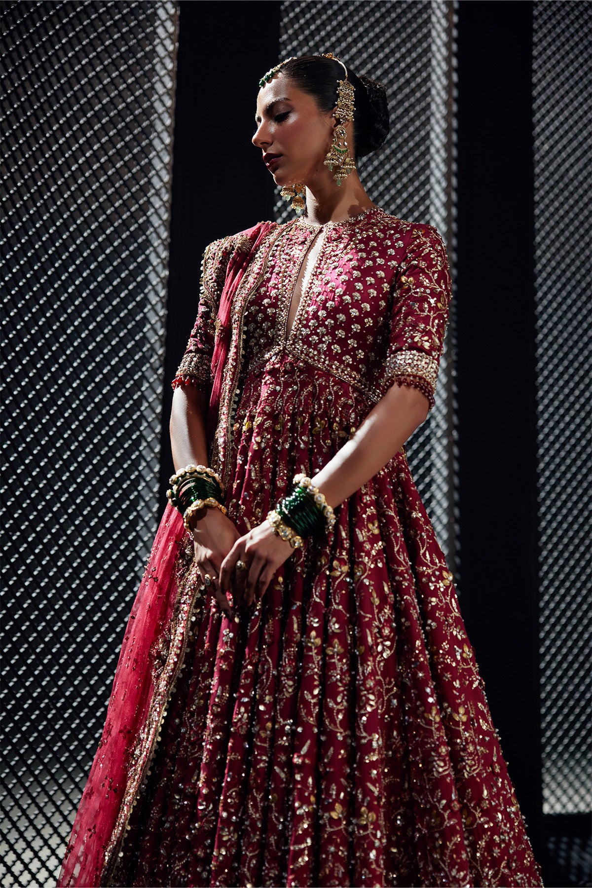 Saad Bin Shahzad Lamia – crimson embroidered pishwas with bottle green jamawar lehenga from Chandni Bridal'26 – view 8