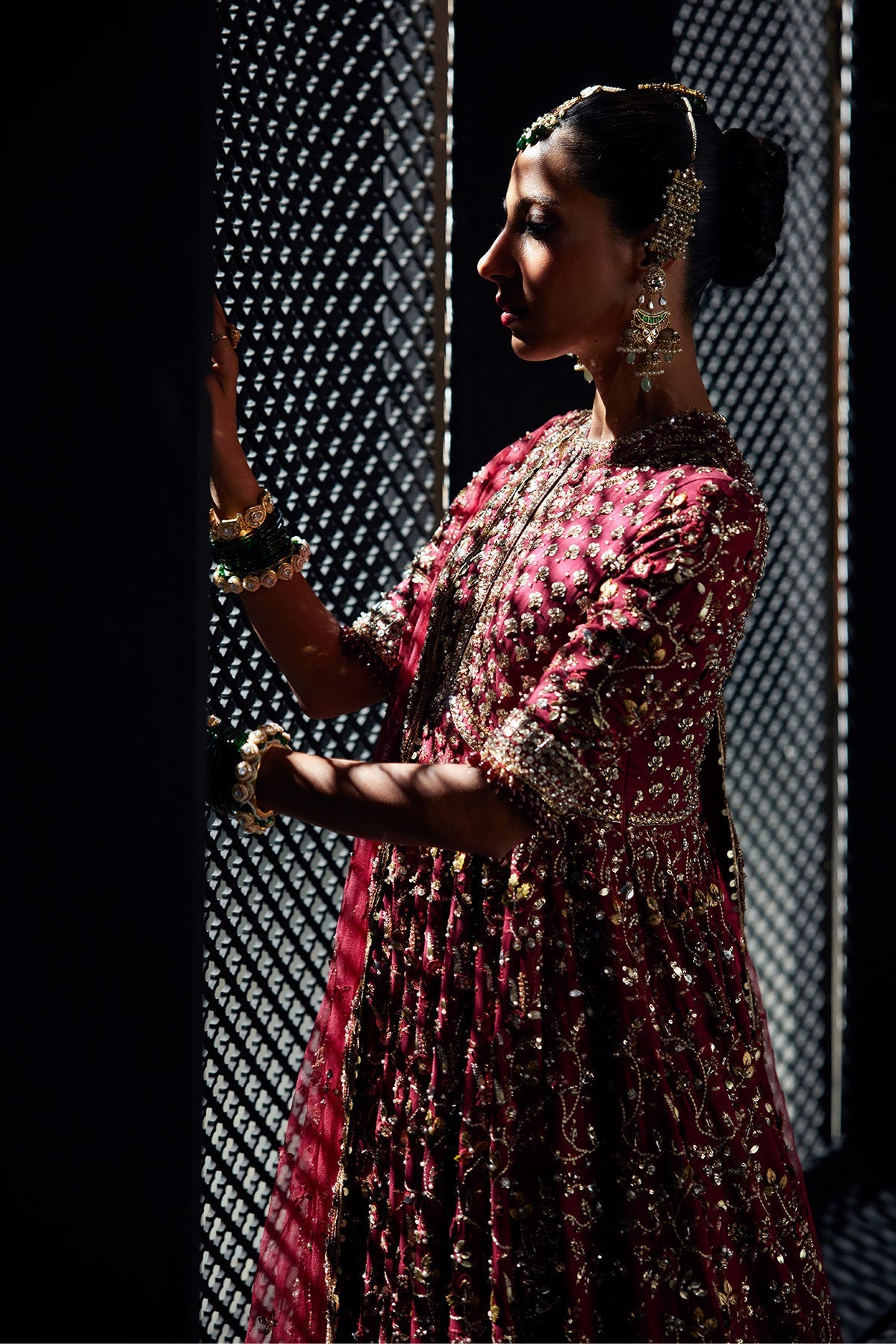 Saad Bin Shahzad Lamia – crimson embroidered pishwas with bottle green jamawar lehenga from Chandni Bridal'26 – view 9