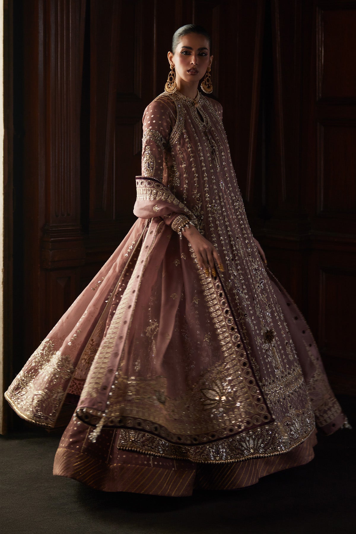 Saad Bin Shahzad Rosalie – rosewood hand-embellished organza kalidar with raw silk sharara from El Veneto Luxury Formals