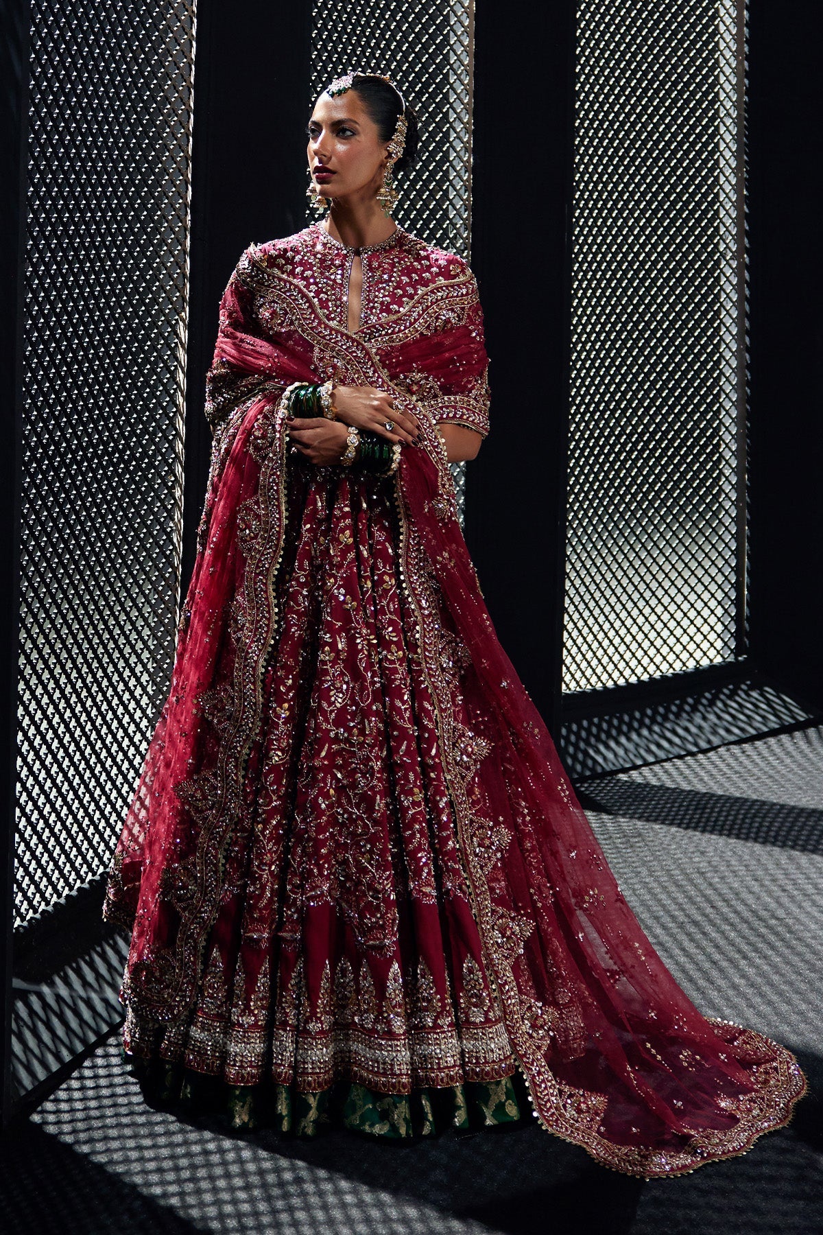Saad Bin Shahzad Lamia – crimson embroidered pishwas with bottle green jamawar lehenga from Chandni Bridal'26 – view 10