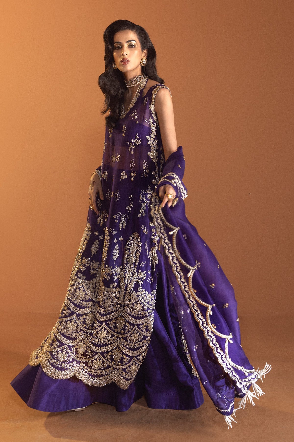 Saad Bin Shahzad Elare – royal purple embroidered long shirt with sharara from Lolita'24 – view 6
