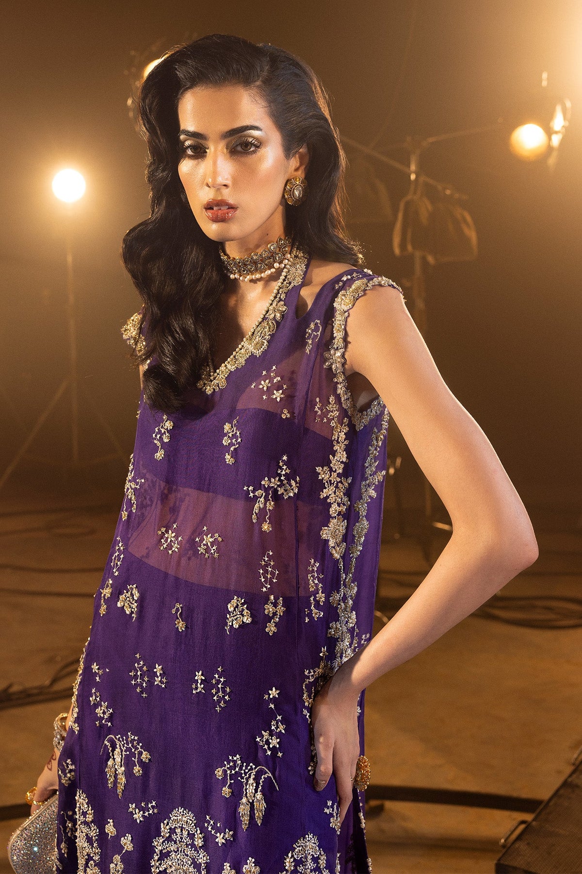 Saad Bin Shahzad Elare – royal purple embroidered long shirt with sharara from Lolita'24 – view 3