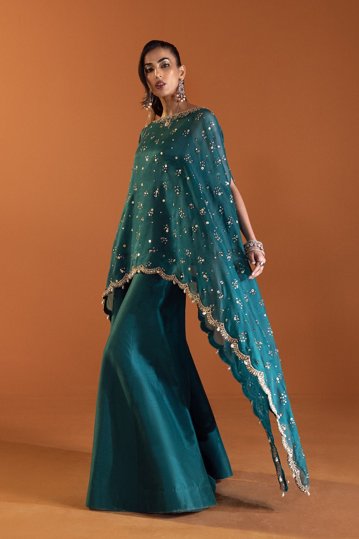 Saad Bin Shahzad Nina – teal sequinned cape with flared pants from Lolita'24 – view 4