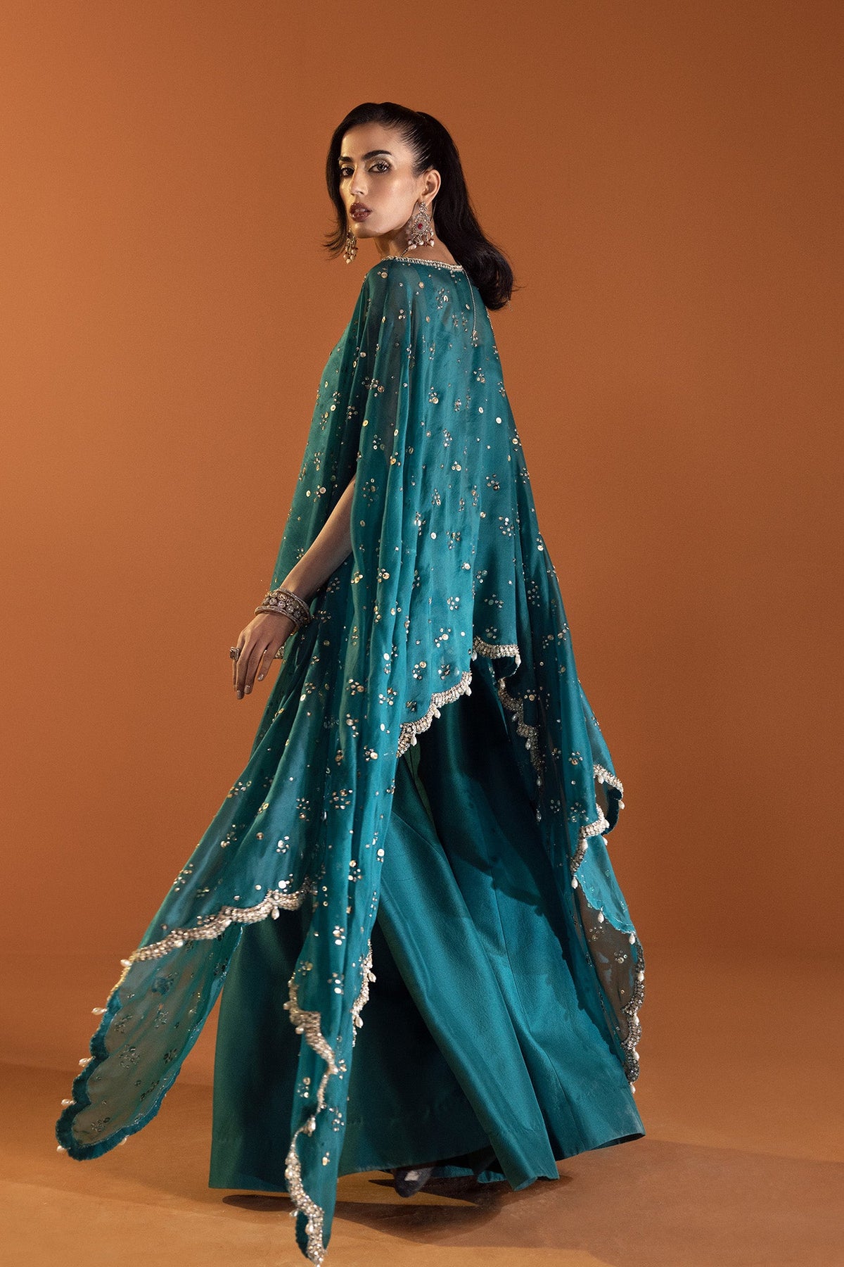 Saad Bin Shahzad Nina – teal sequinned cape with flared pants from Lolita'24 – view 2