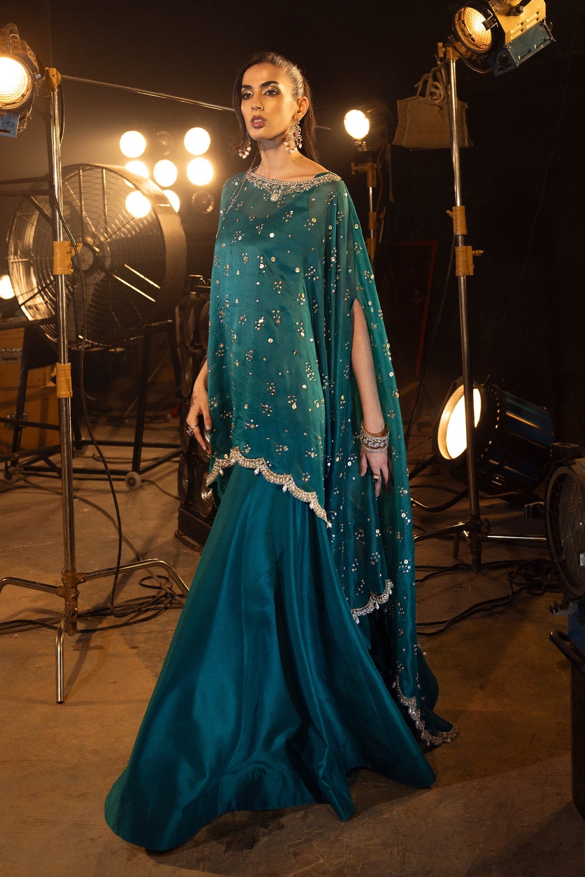 Saad Bin Shahzad Nina – teal sequinned cape with flared pants from Lolita'24 – view 8