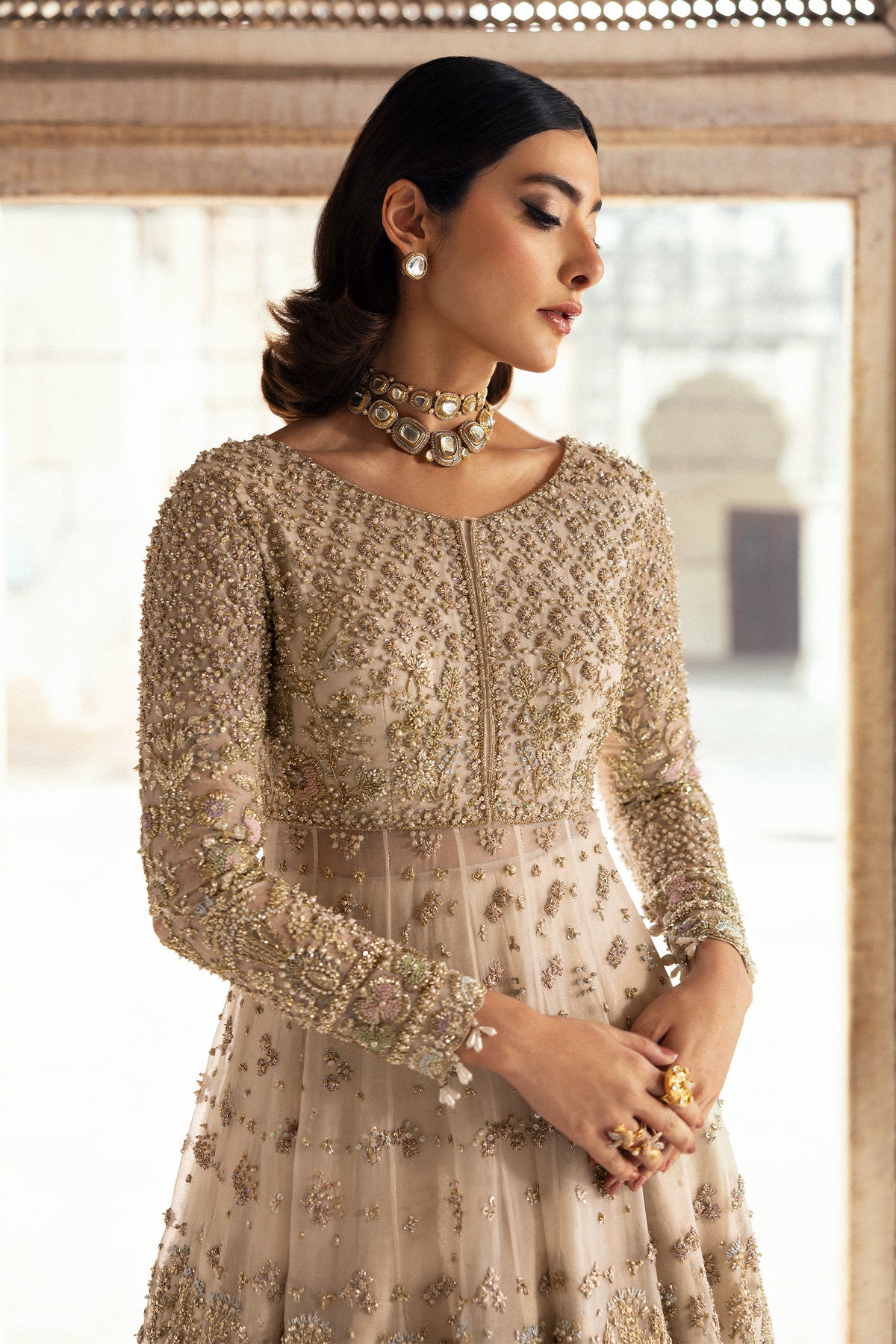 Saad Bin Shahzad Zaura – off-white zardozi kalidar with farshi lehenga from Sona Gachi Bridals'24 – view 3