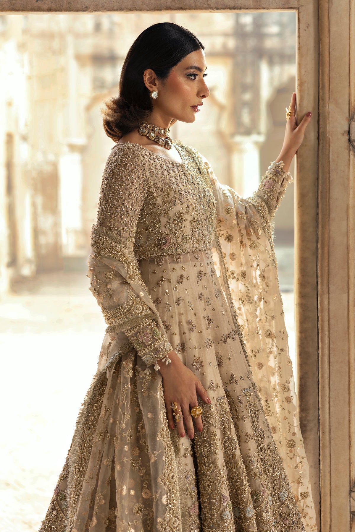 Saad Bin Shahzad Zaura – off-white zardozi kalidar with farshi lehenga from Sona Gachi Bridals'24 – view 9