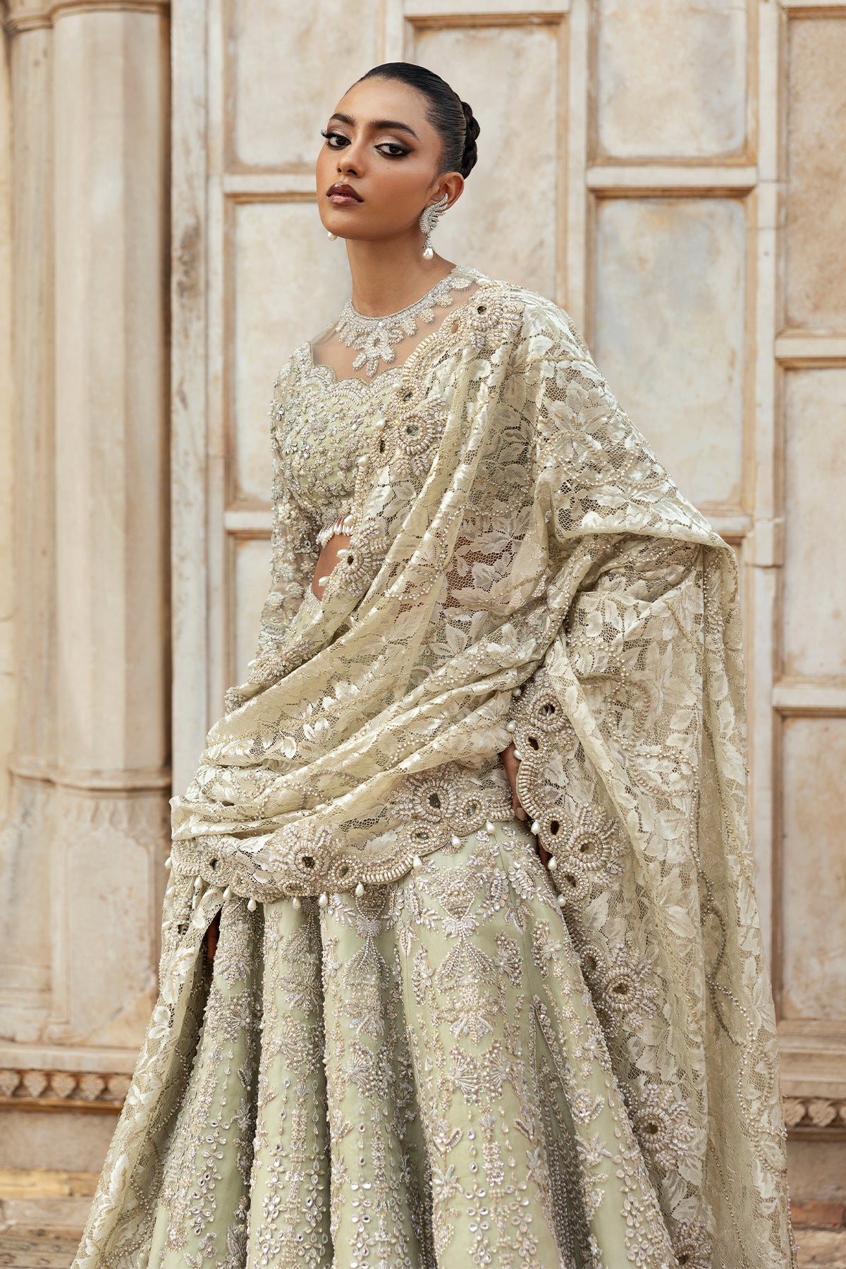 Saad Bin Shahzad Cima – pistachio green embellished lehenga choli from Sona Gachi Bridals'24 – view 4