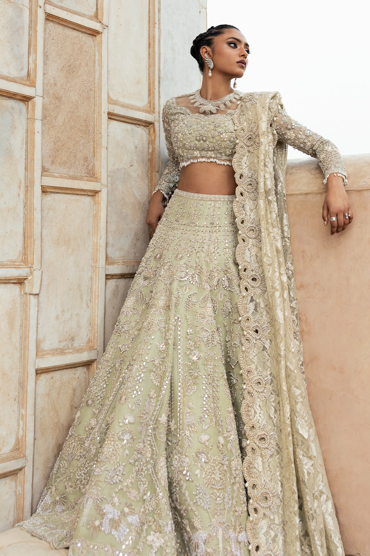 Saad Bin Shahzad Cima – pistachio green embellished lehenga choli from Sona Gachi Bridals'24 – view 6