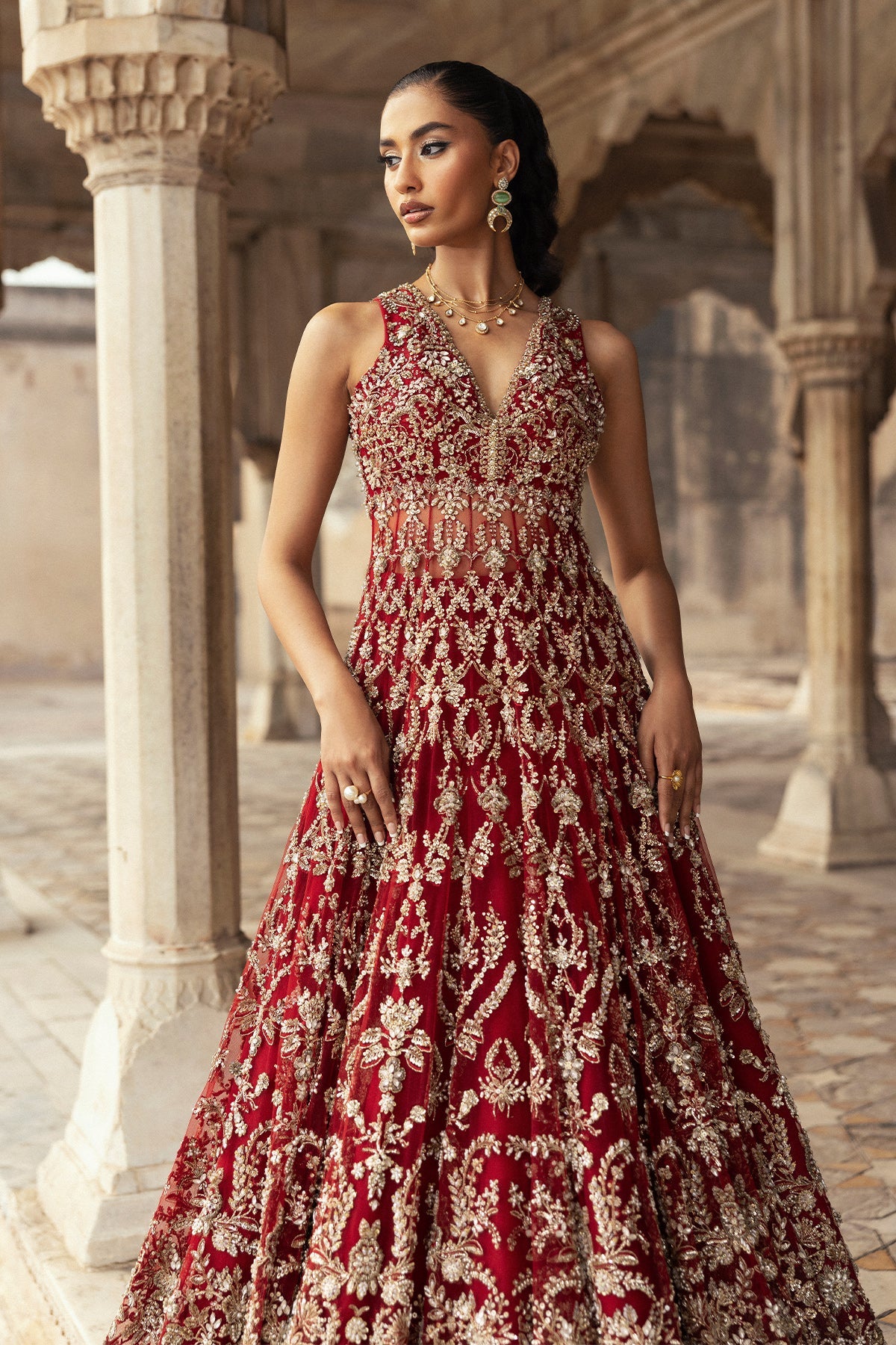 Saad Bin Shahzad Ruhi – deep red gold embroidered bridal pishwas from Sona Gachi Bridals'24 – view 6