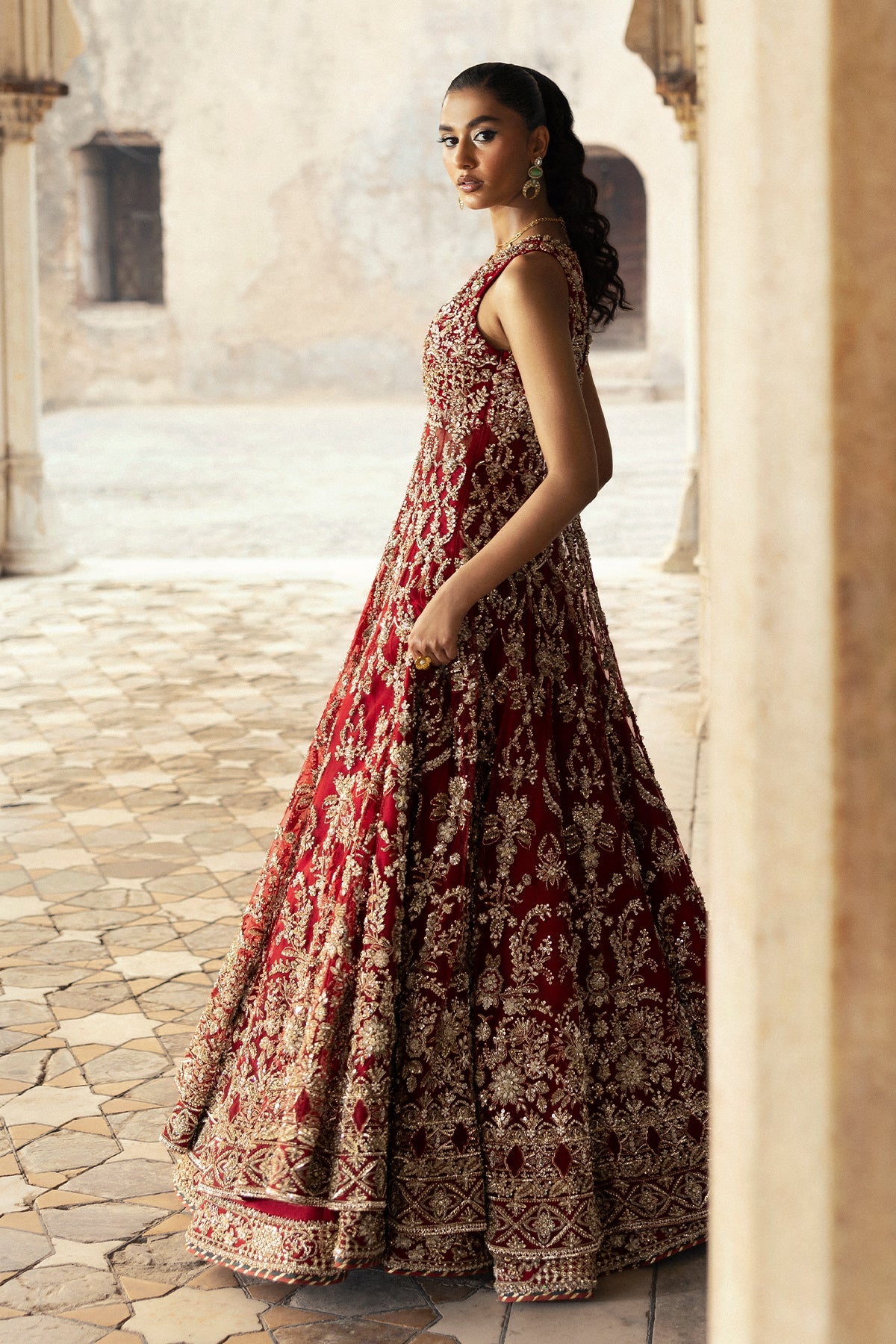Saad Bin Shahzad Ruhi – deep red gold embroidered bridal pishwas from Sona Gachi Bridals'24 – view 10