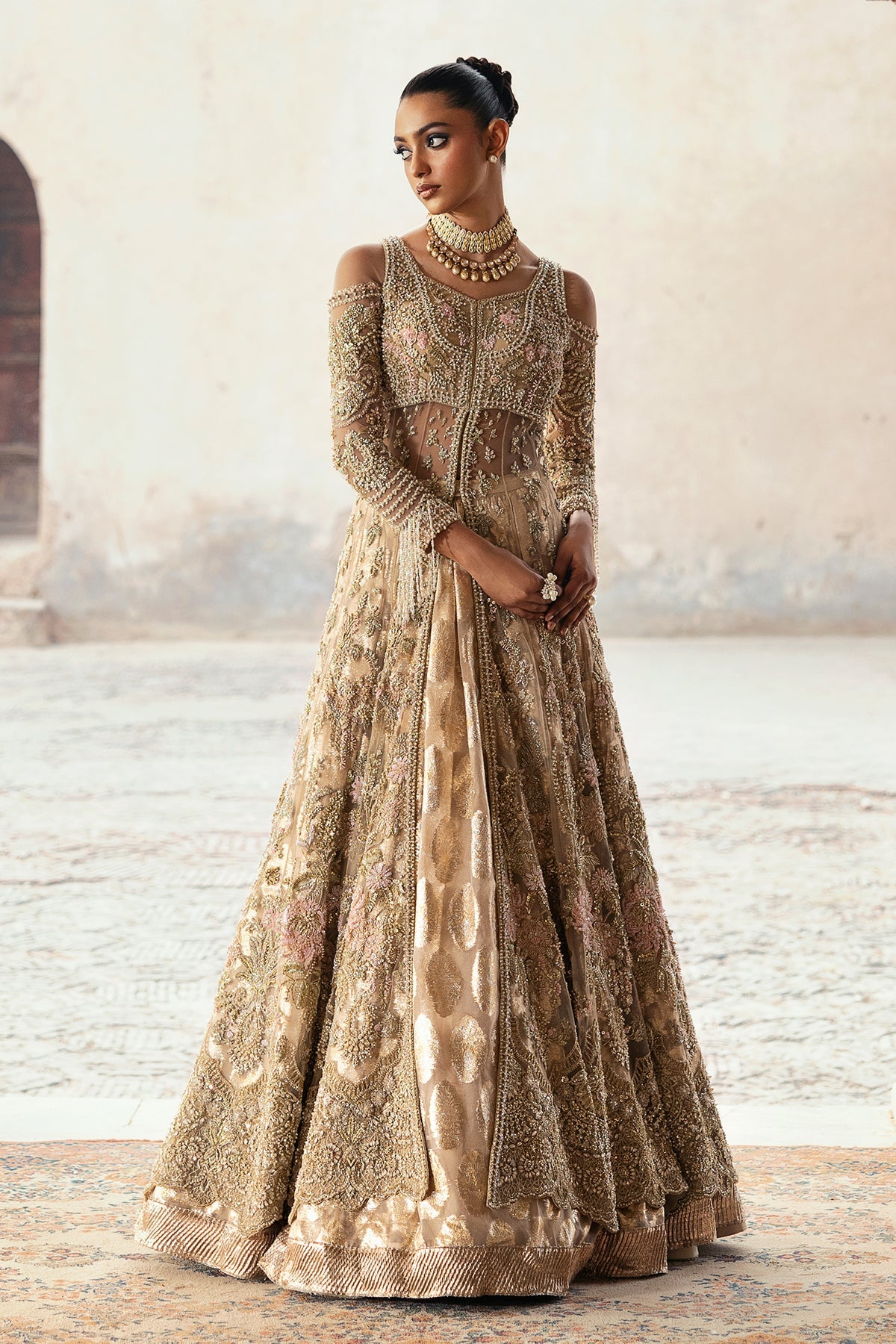 Saad Bin Shahzad Arin – champagne gold embroidered bridal lehenga from Sona Gachi Bridals'24 – view 19