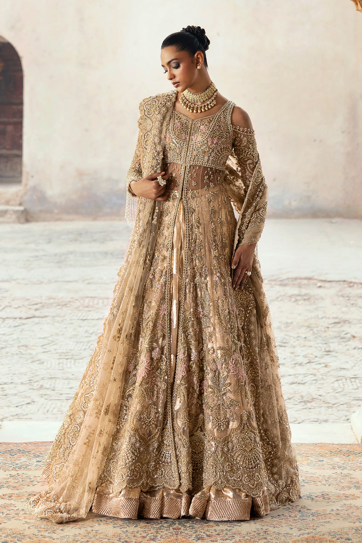 Saad Bin Shahzad Arin – champagne gold embroidered bridal lehenga from Sona Gachi Bridals'24 – view 10