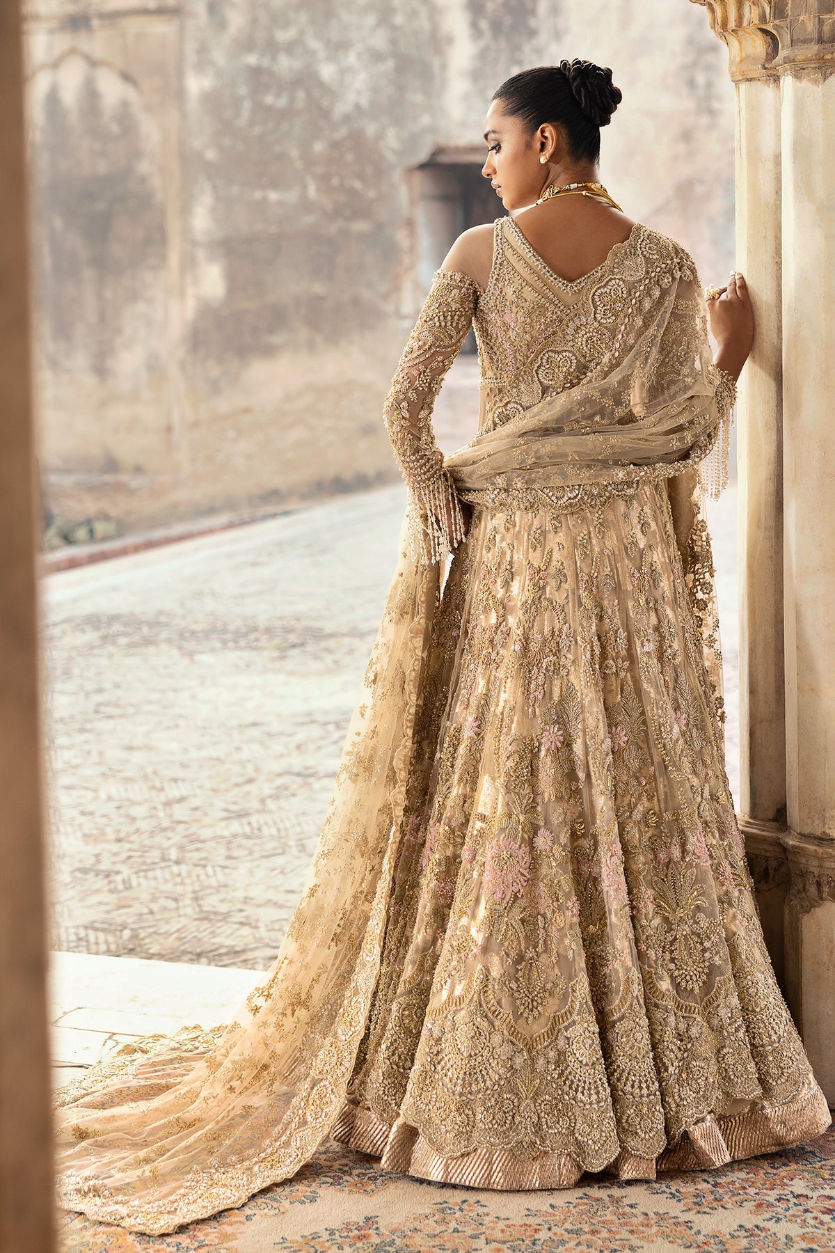 Saad Bin Shahzad Arin – champagne gold embroidered bridal lehenga from Sona Gachi Bridals'24 – view 11