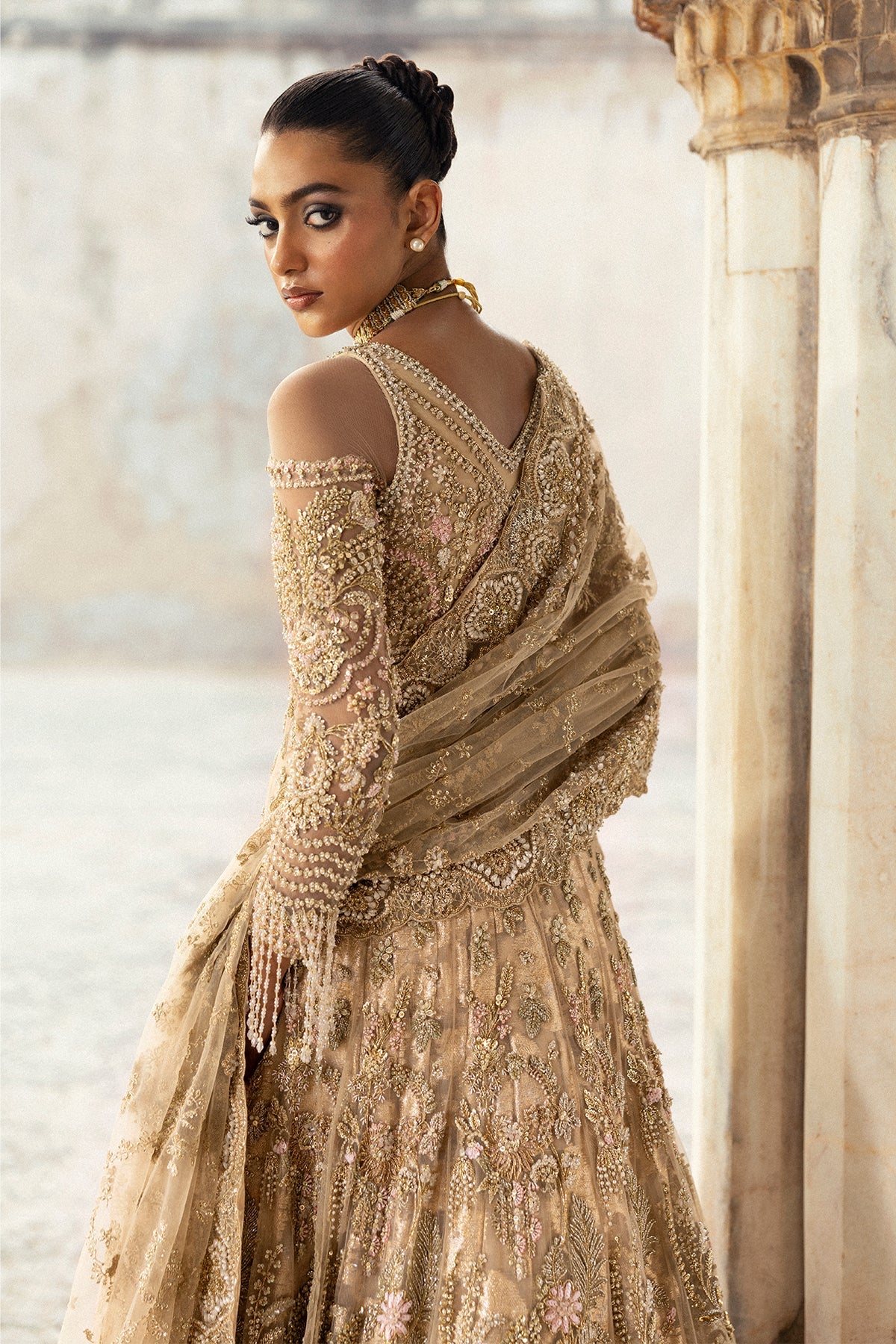 Saad Bin Shahzad Arin – champagne gold embroidered bridal lehenga from Sona Gachi Bridals'24 – view 16