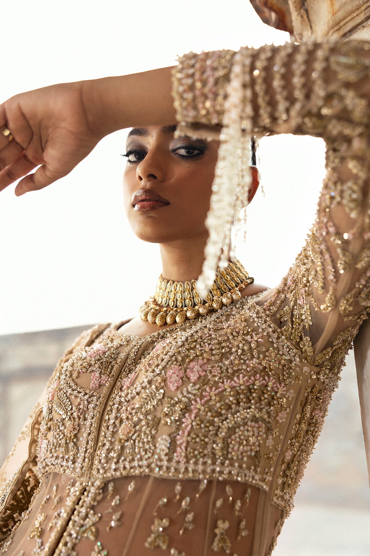 Saad Bin Shahzad Arin – champagne gold embroidered bridal lehenga from Sona Gachi Bridals'24 – view 13