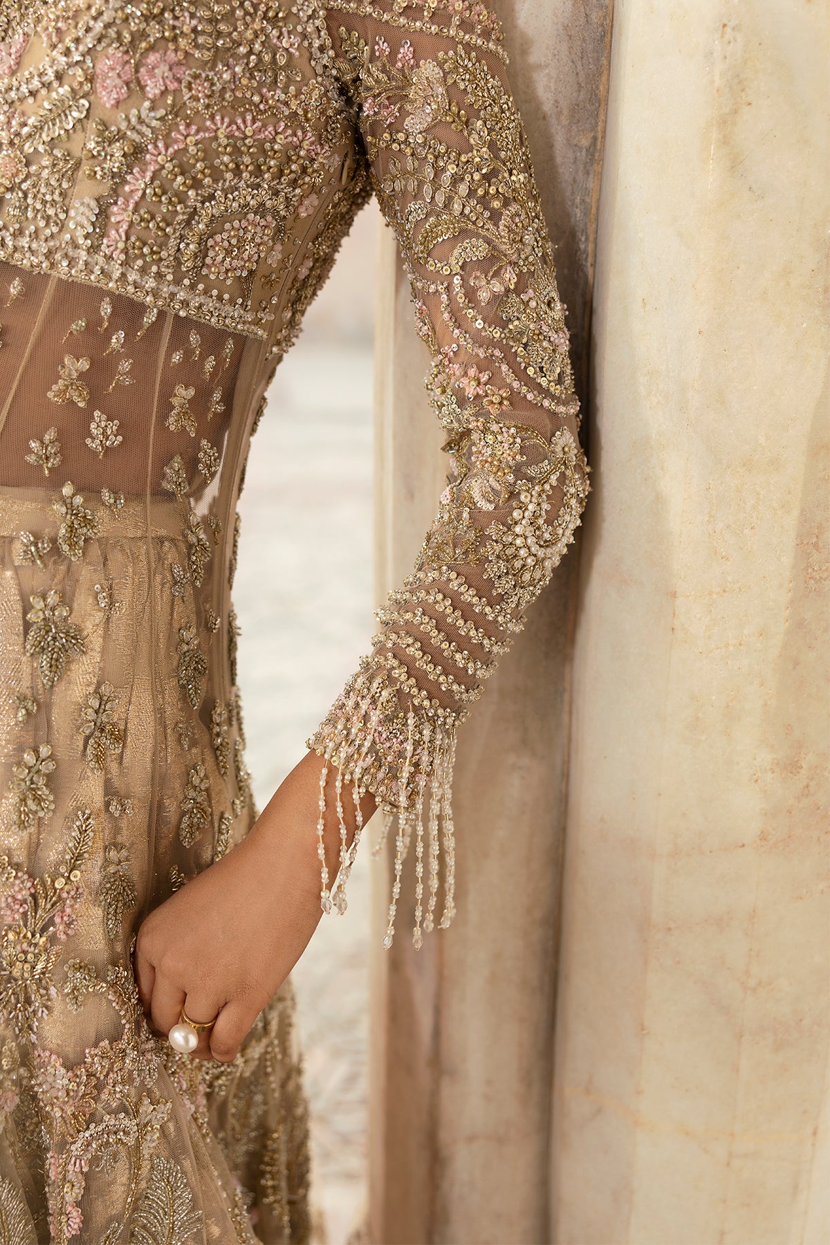 Saad Bin Shahzad Arin – champagne gold embroidered bridal lehenga from Sona Gachi Bridals'24 – view 14