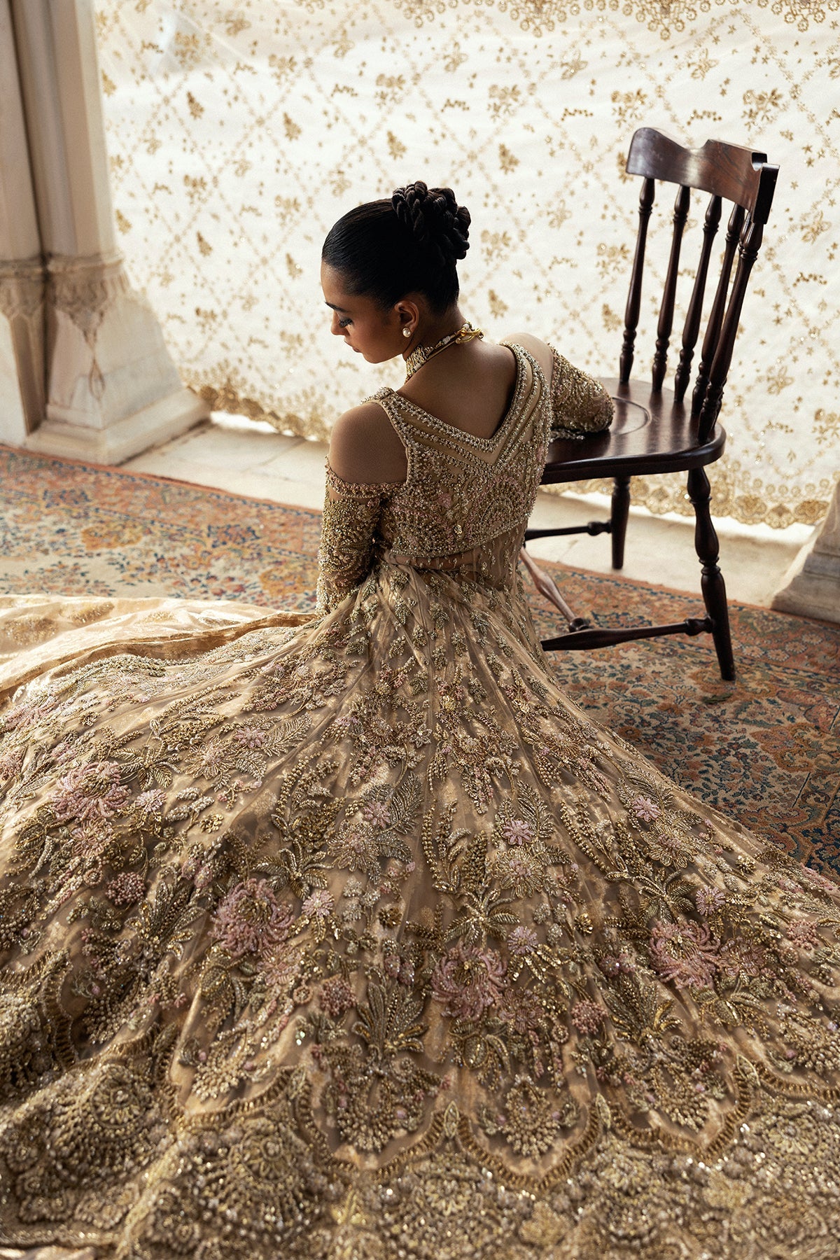 Saad Bin Shahzad Arin – champagne gold embroidered bridal lehenga from Sona Gachi Bridals'24 – view 17