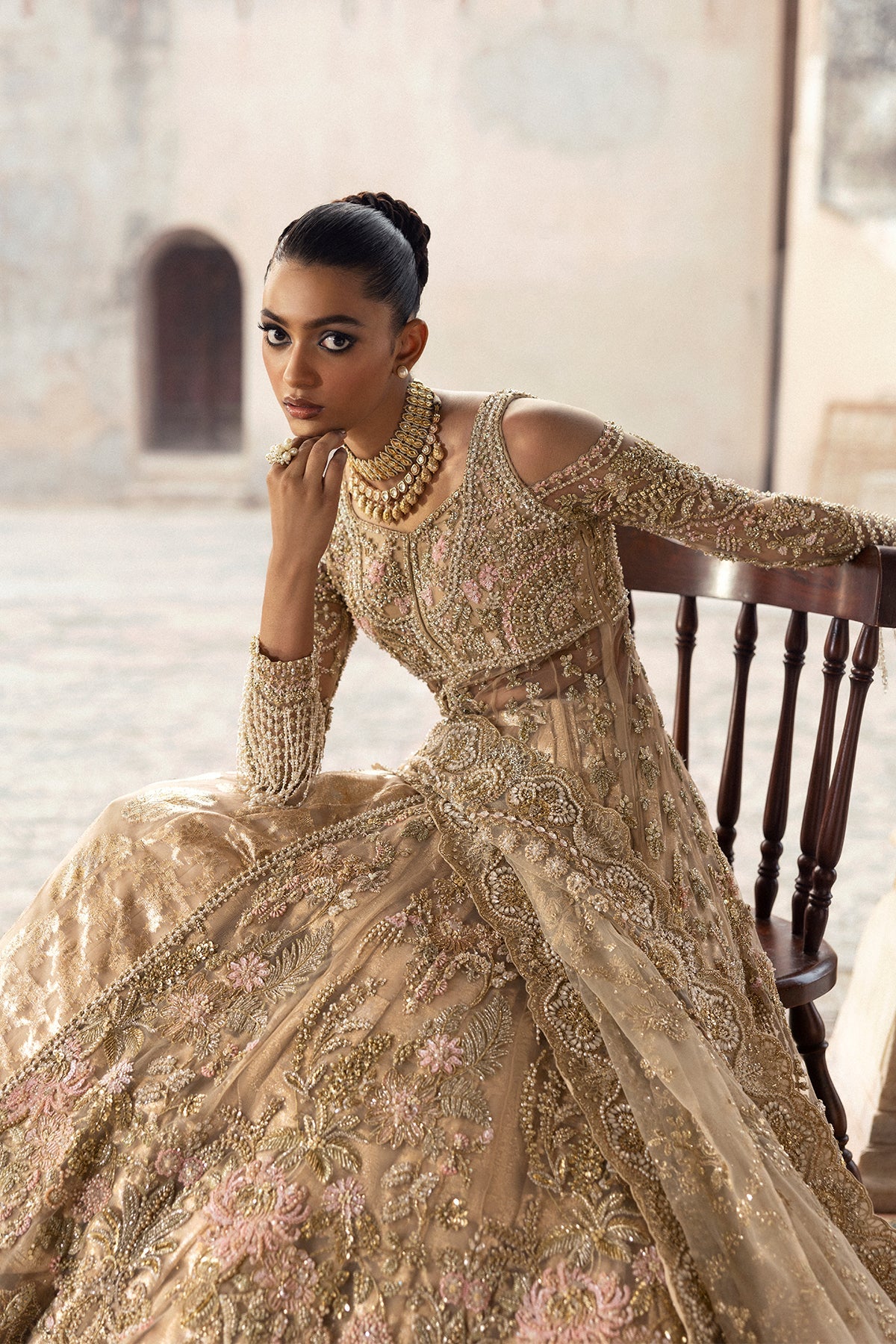 Saad Bin Shahzad Arin – champagne gold embroidered bridal lehenga from Sona Gachi Bridals'24 – view 15