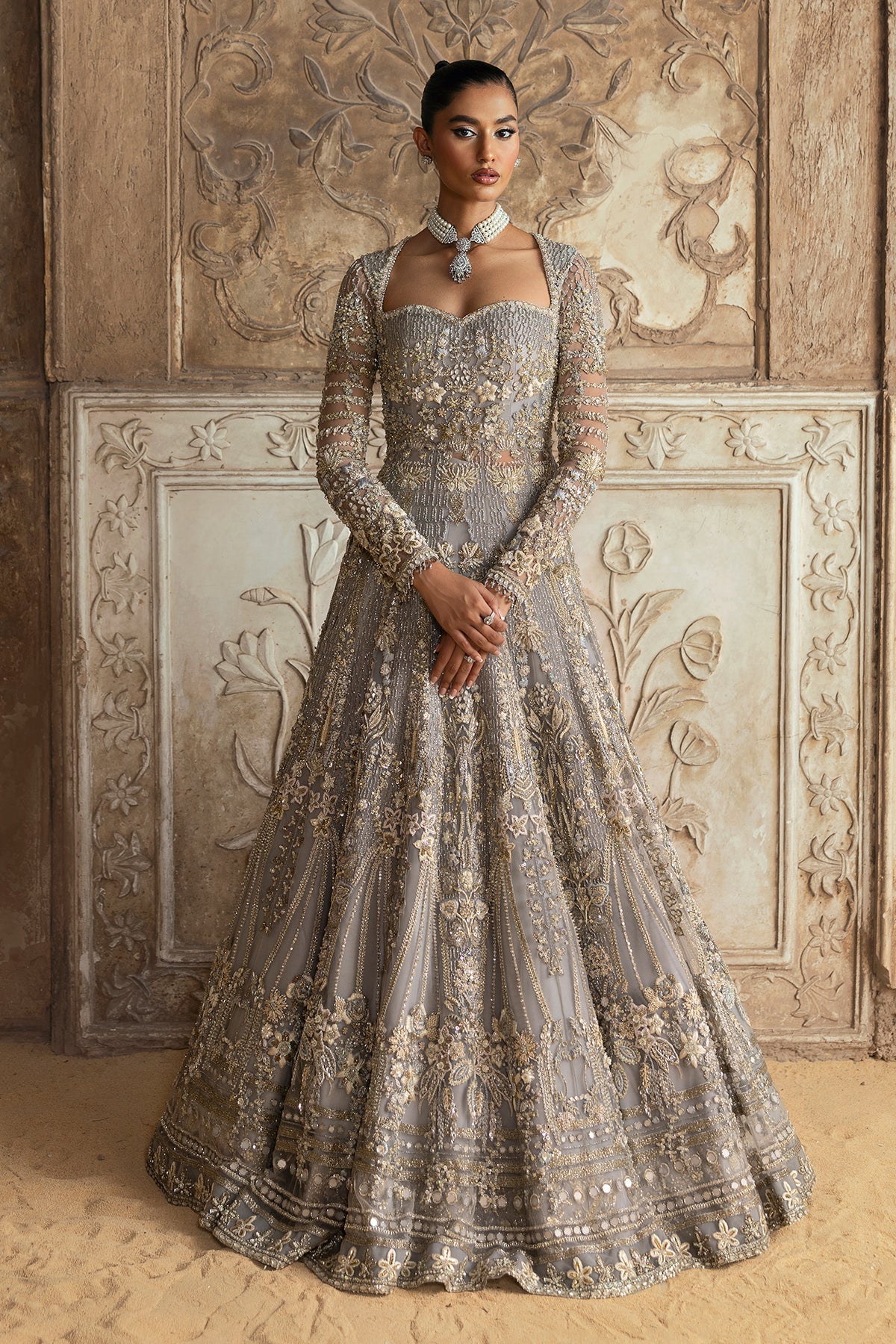 Saad Bin Shahzad Elmiya – grey crystal and zardozi bridal gown from Sona Gachi Bridals'24 – view 9