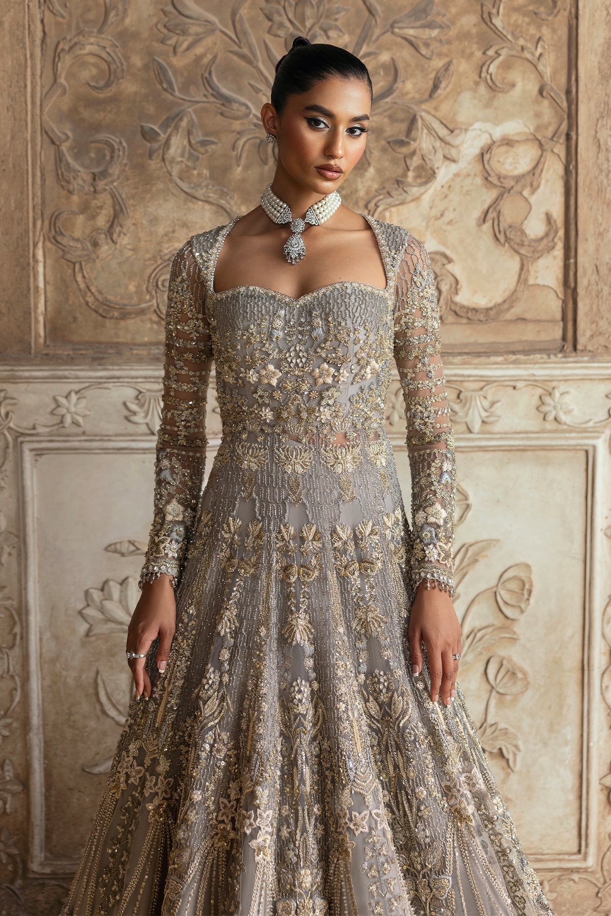 Saad Bin Shahzad Elmiya – grey crystal and zardozi bridal gown from Sona Gachi Bridals'24 – view 17