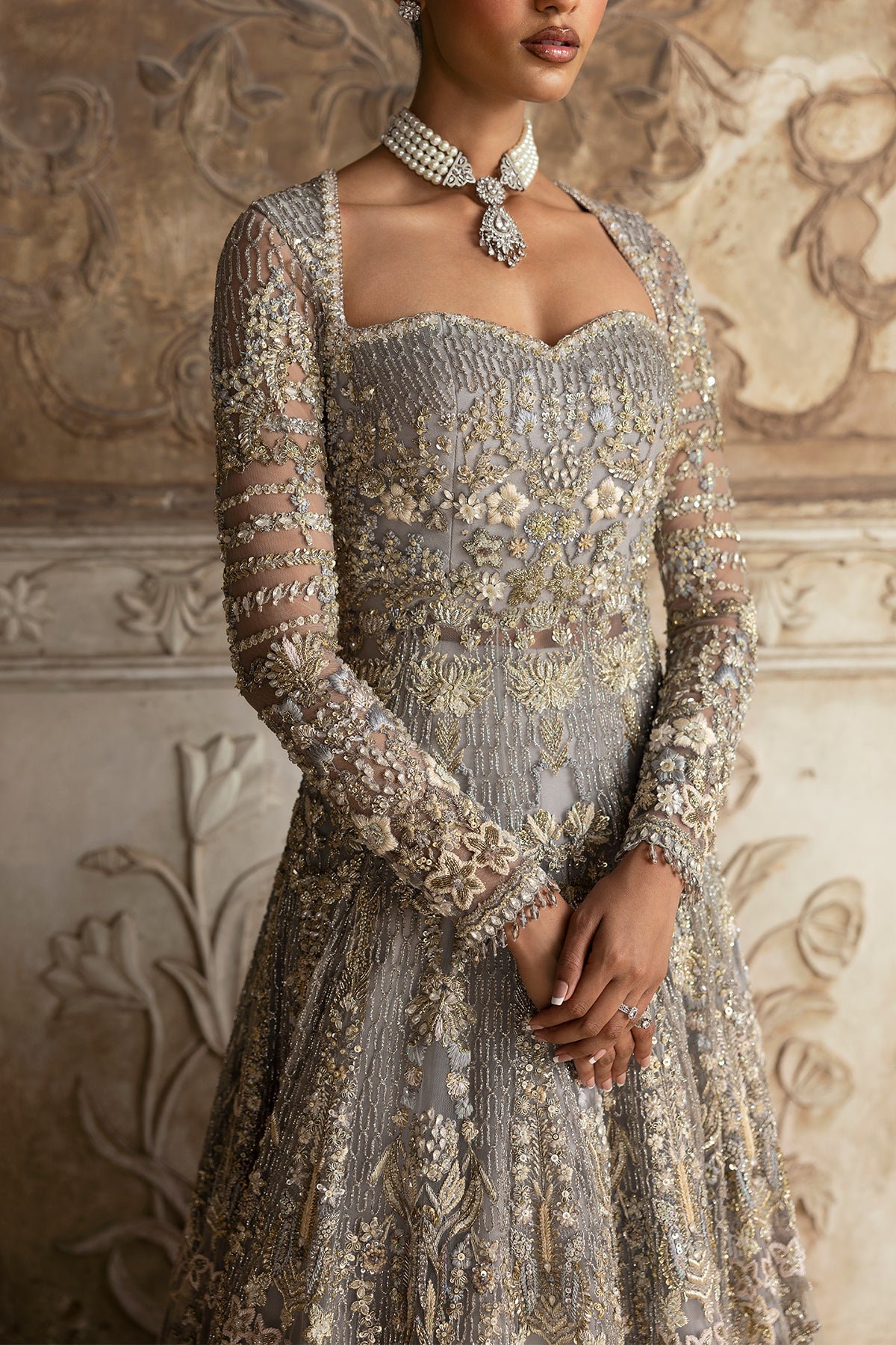 Saad Bin Shahzad Elmiya – grey crystal and zardozi bridal gown from Sona Gachi Bridals'24 – view 11