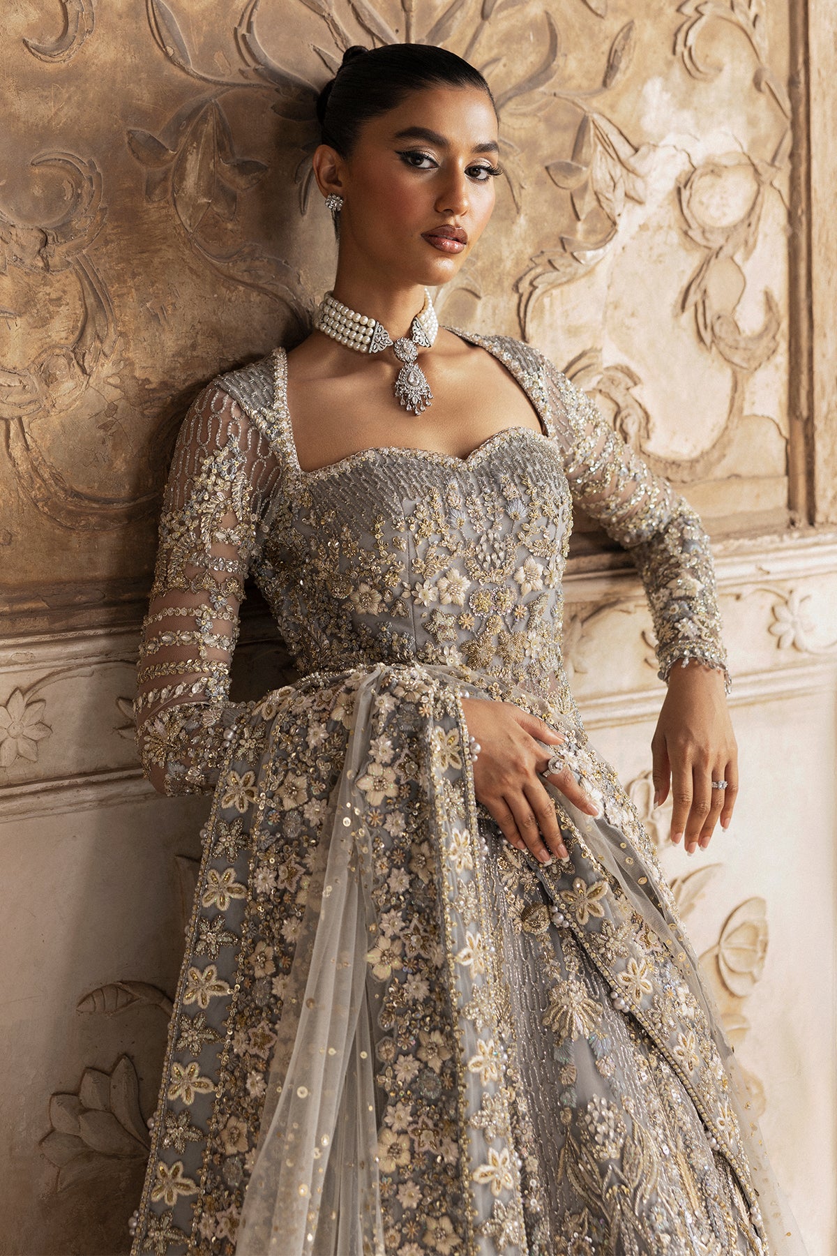 Saad Bin Shahzad Elmiya – grey crystal and zardozi bridal gown from Sona Gachi Bridals'24 – view 16