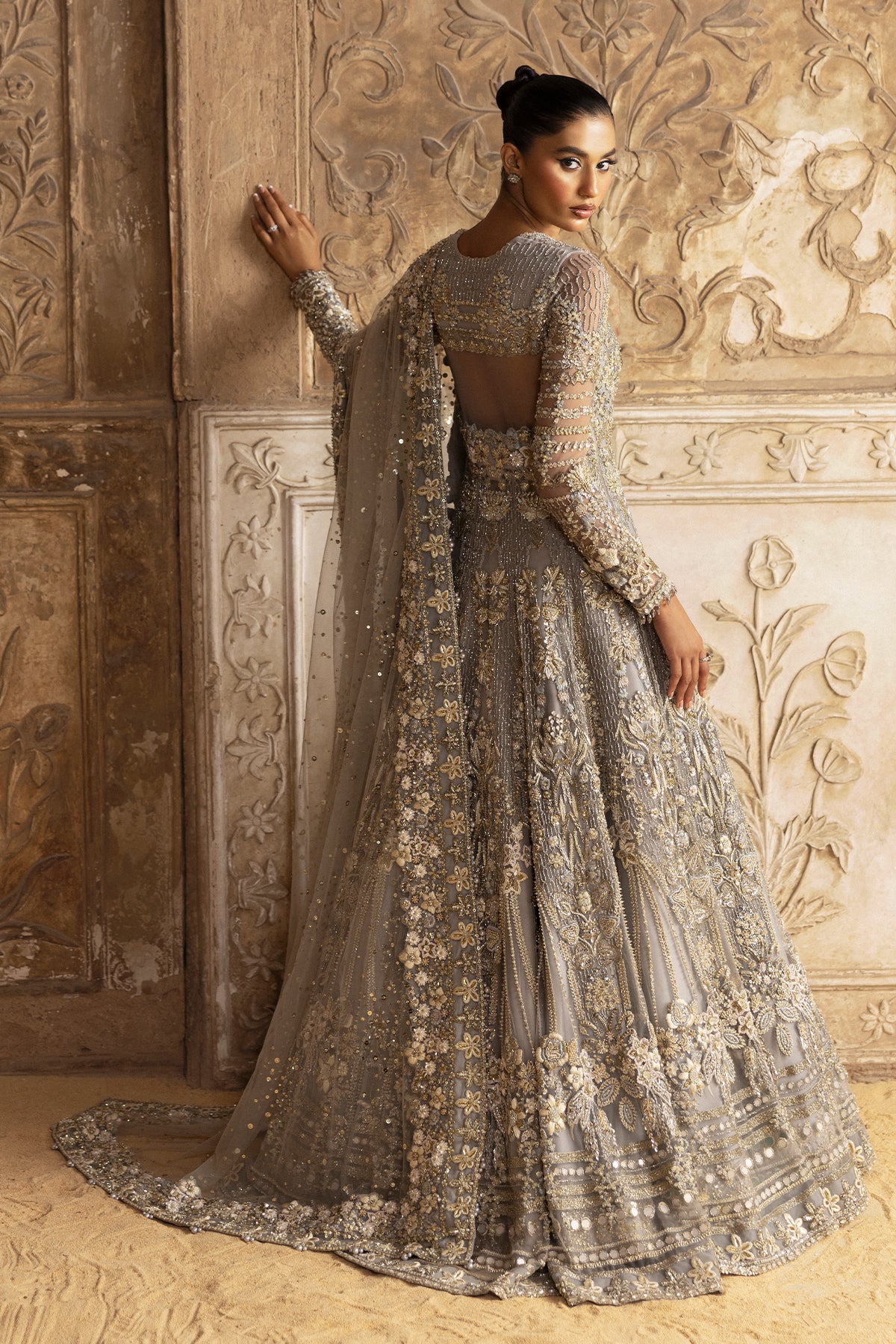 Saad Bin Shahzad Elmiya – grey crystal and zardozi bridal gown from Sona Gachi Bridals'24 – view 10