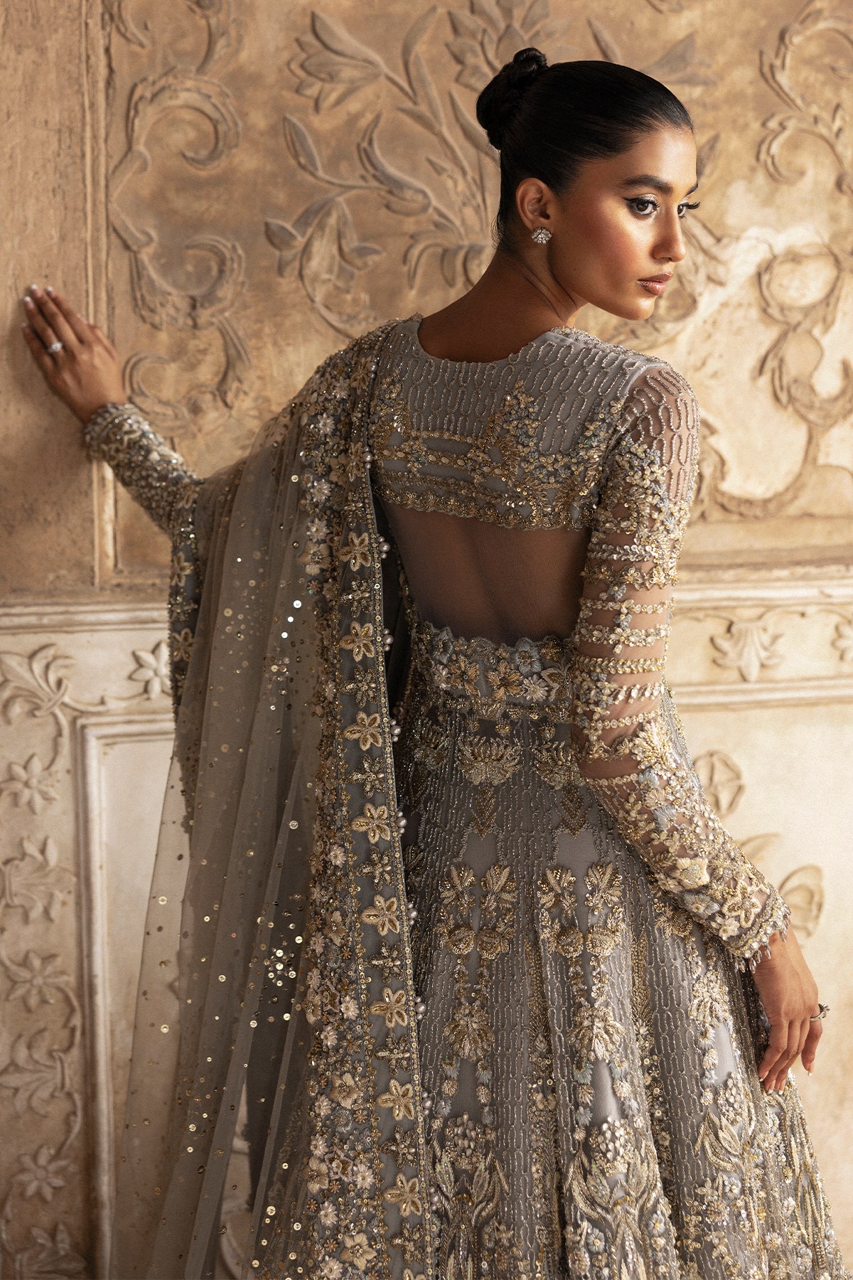 Saad Bin Shahzad Elmiya – grey crystal and zardozi bridal gown from Sona Gachi Bridals'24 – view 14
